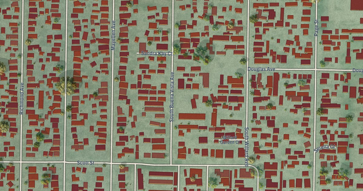 Close-up of streets and buildings in Buena Vista, San Jose, California