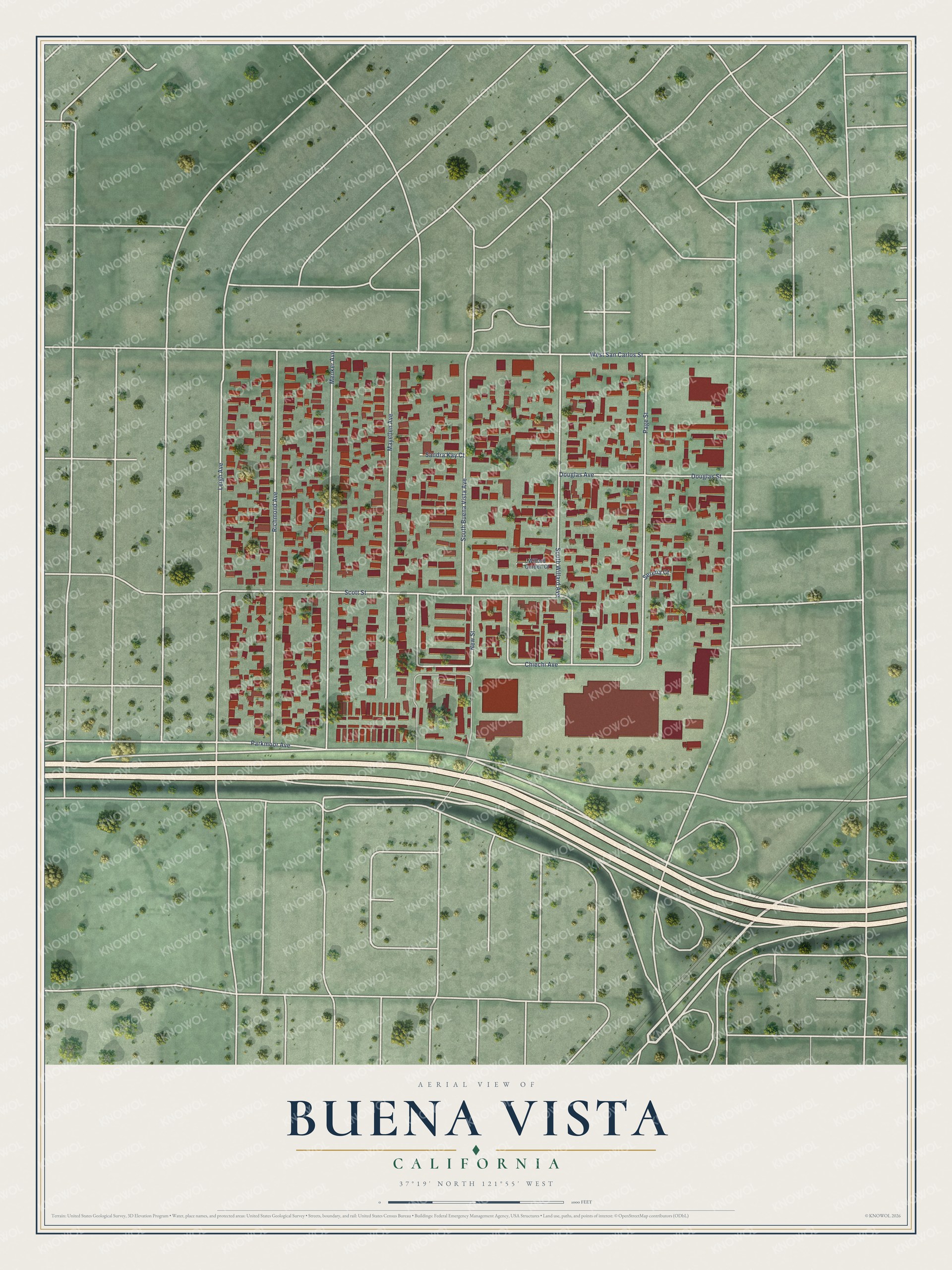 Full map of Buena Vista, California, with red buildings, printed street names and the land around them