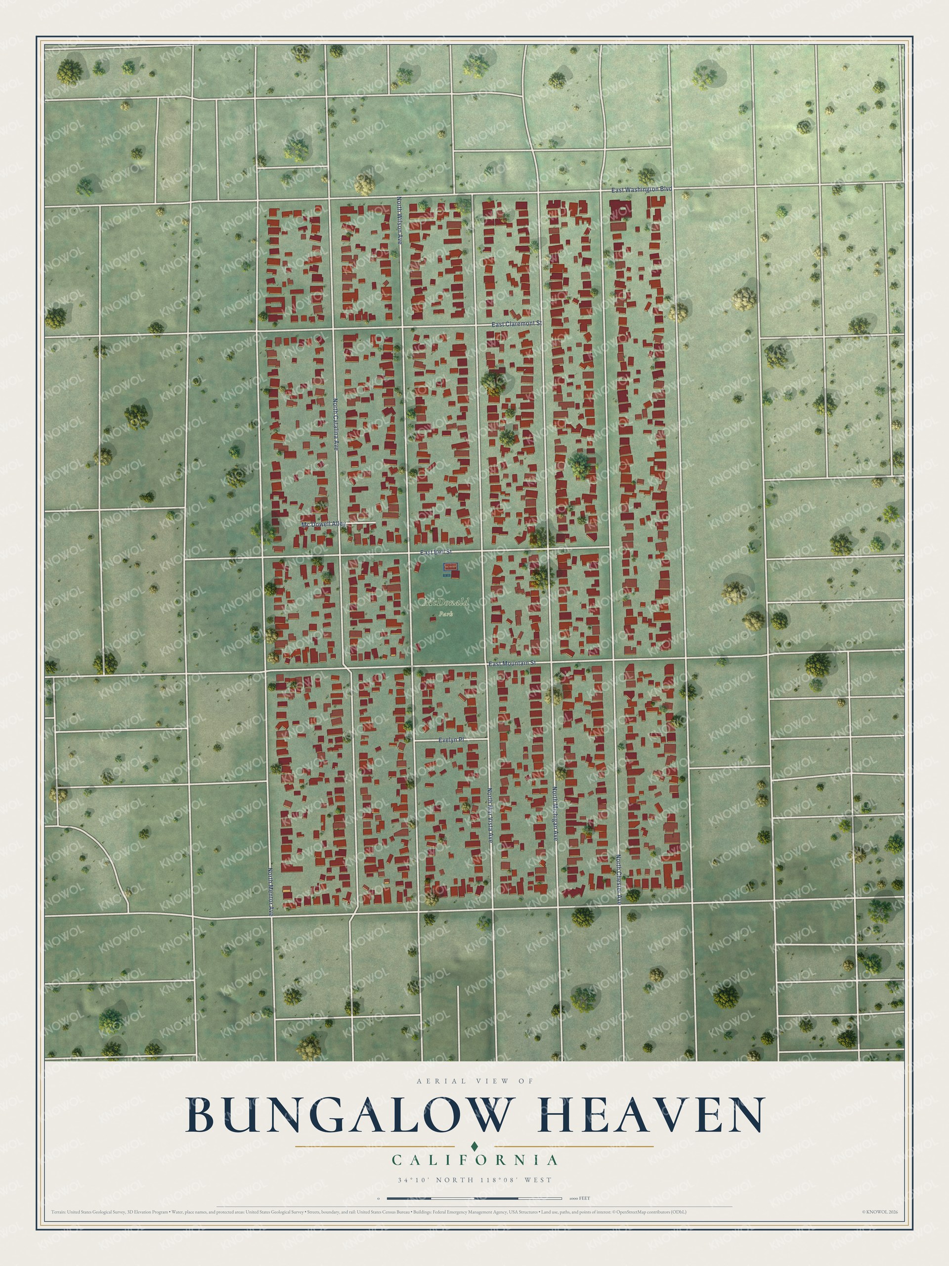 Full map of Bungalow Heaven, California, with red buildings, printed street names and the land around them