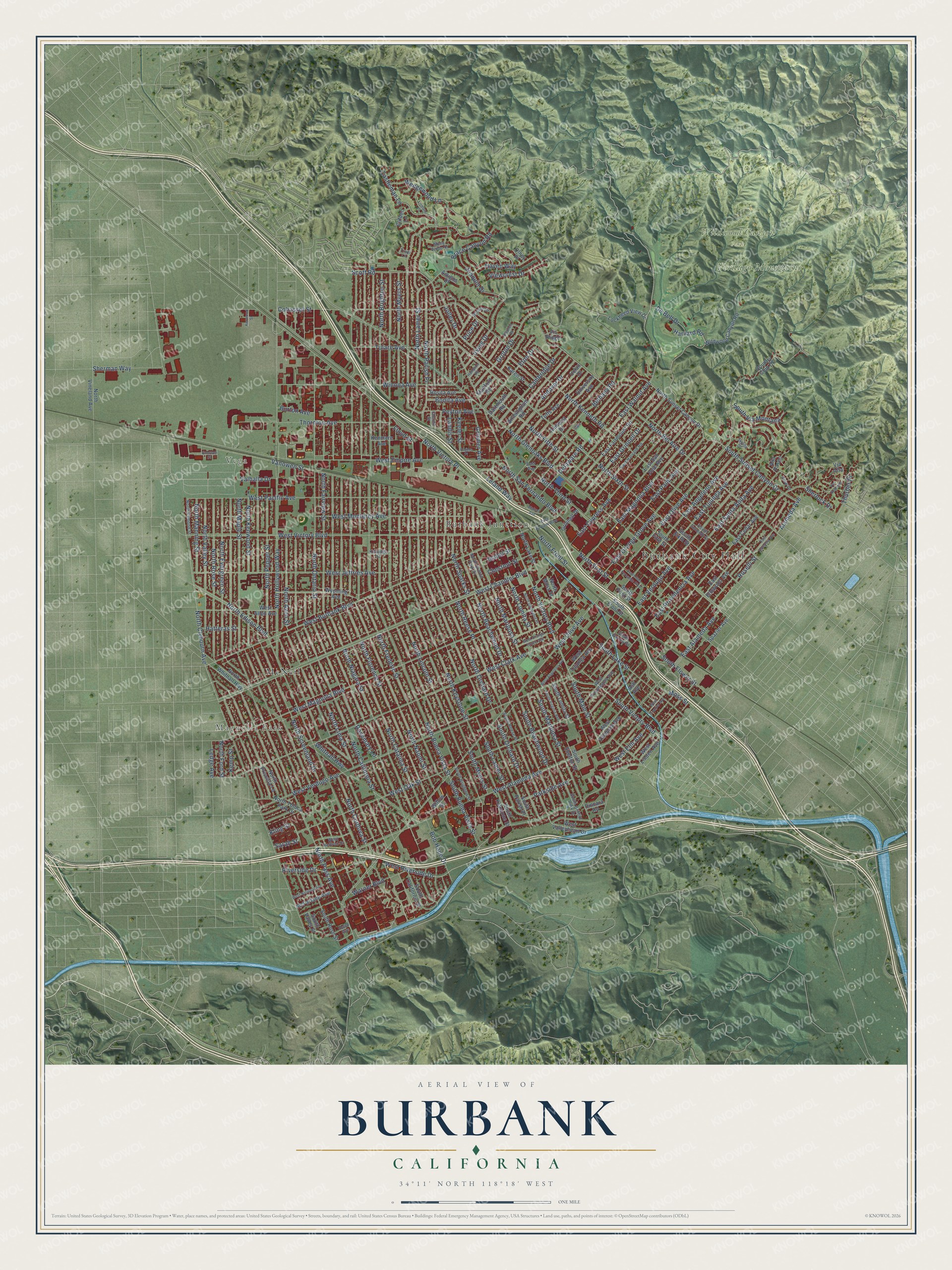 Full map of Burbank, California, with red buildings, printed street names and the land around them