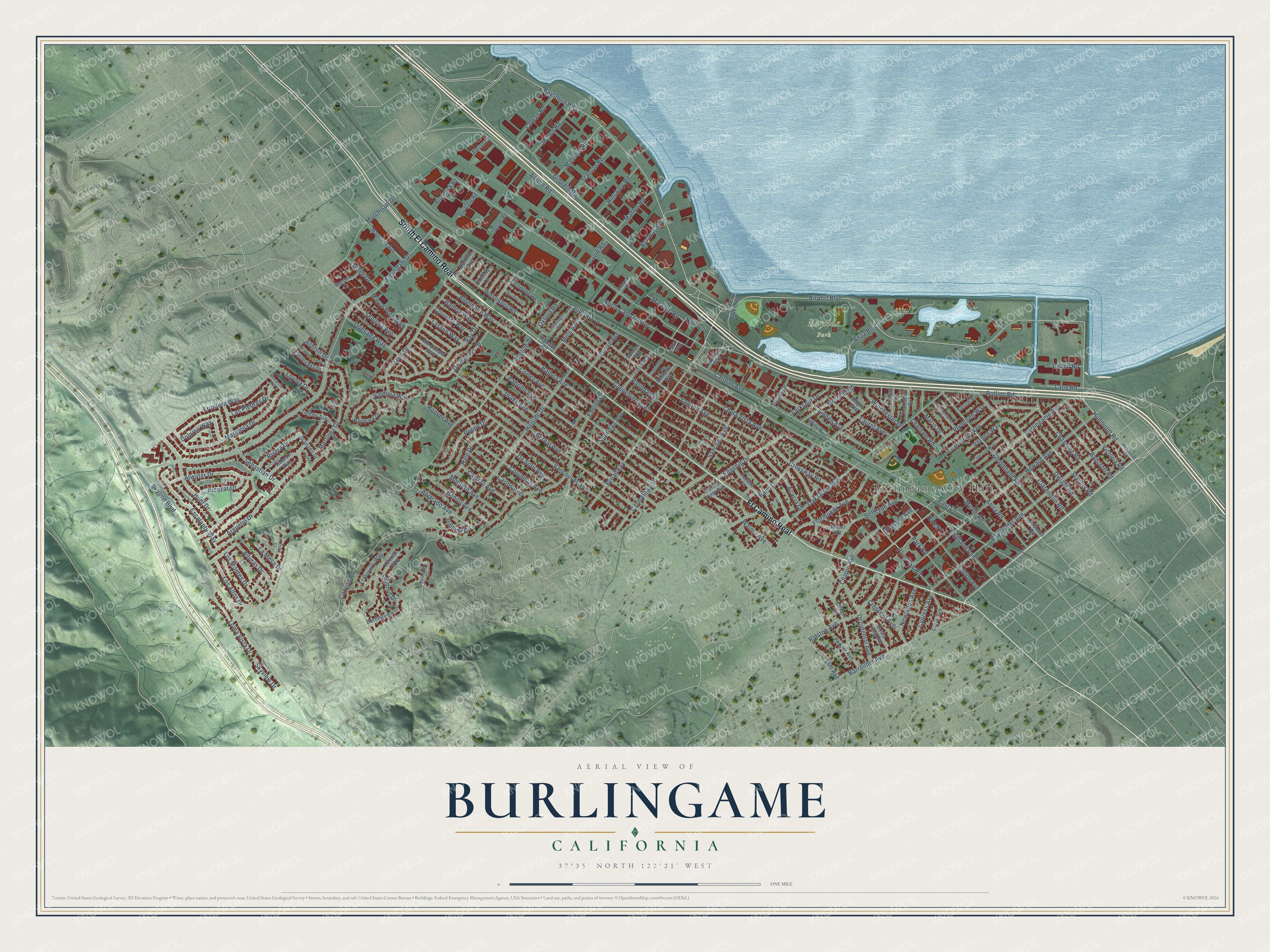 Full map of Burlingame, California, with red buildings, printed street names and the land around them