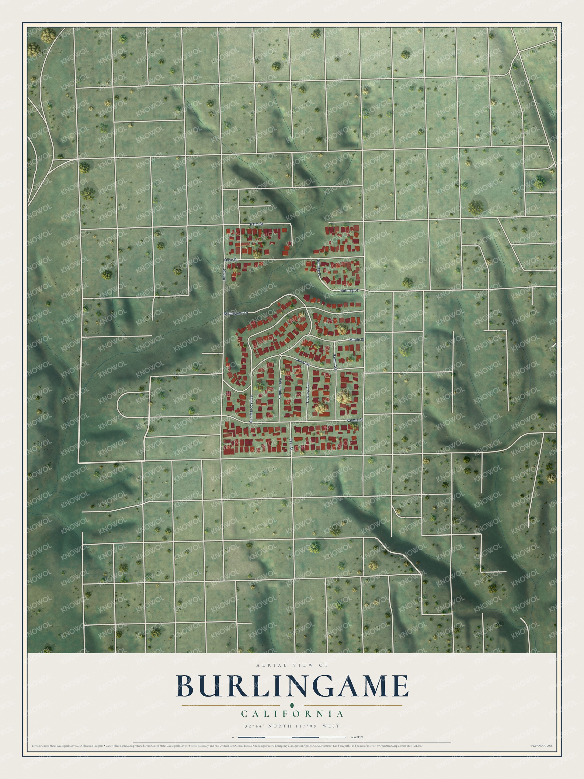 Full map of Burlingame, California, with red buildings, printed street names and the land around them