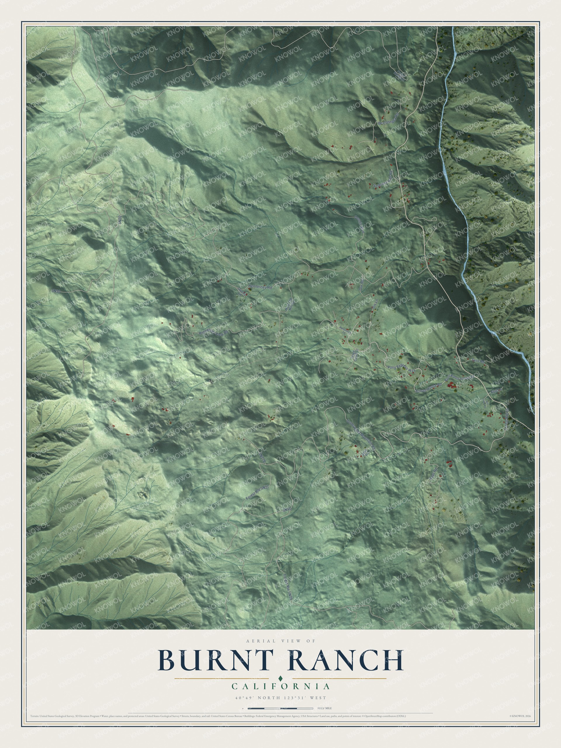 Full map of Burnt Ranch, California, with red buildings, printed street names and the land around them