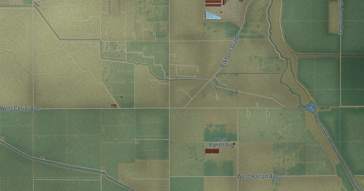 Close-up of streets and buildings in Burrel, California