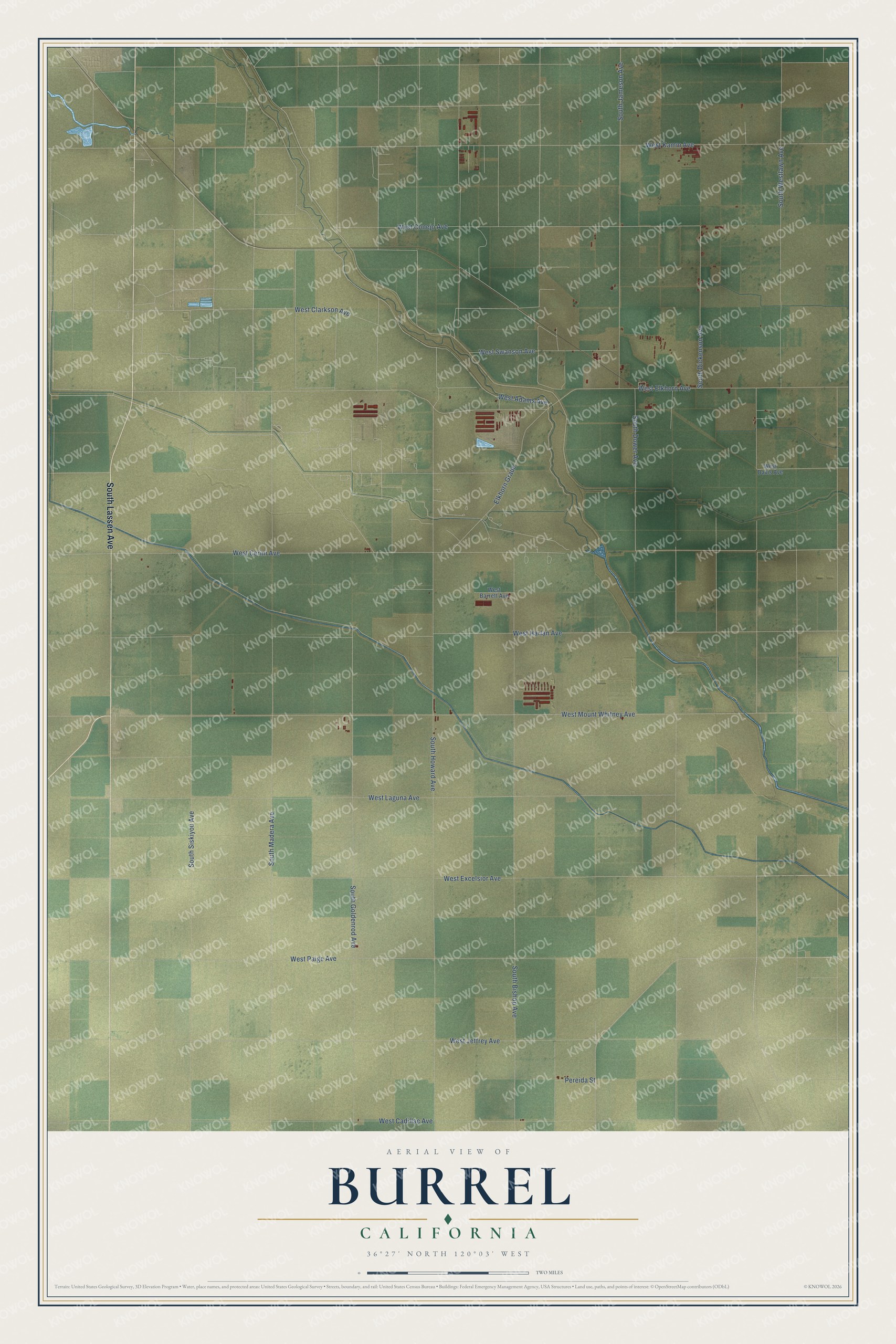Full map of Burrel, California, with red buildings, printed street names and the land around them