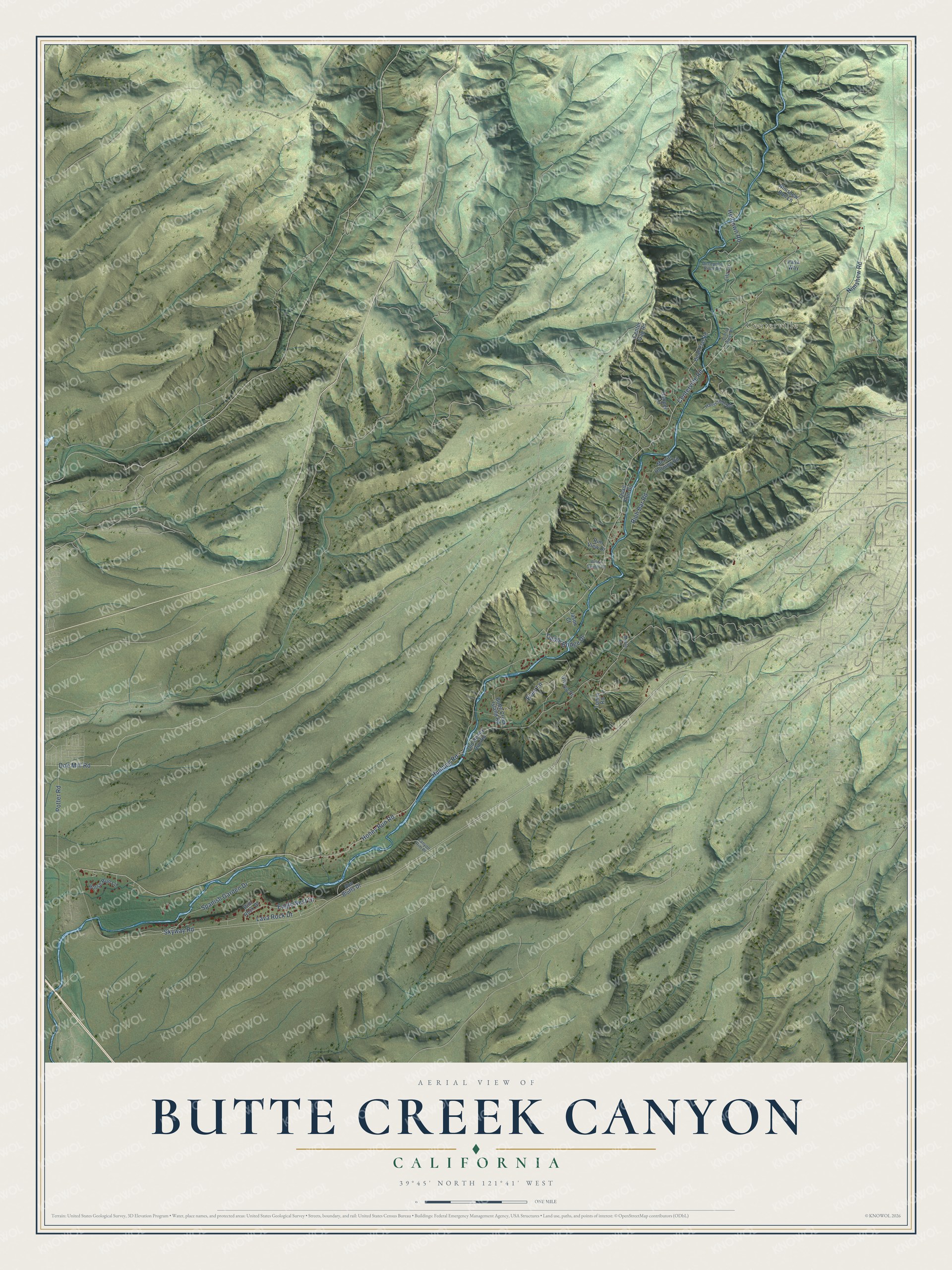 Full map of Butte Creek Canyon, California, with red buildings, printed street names and the land around them