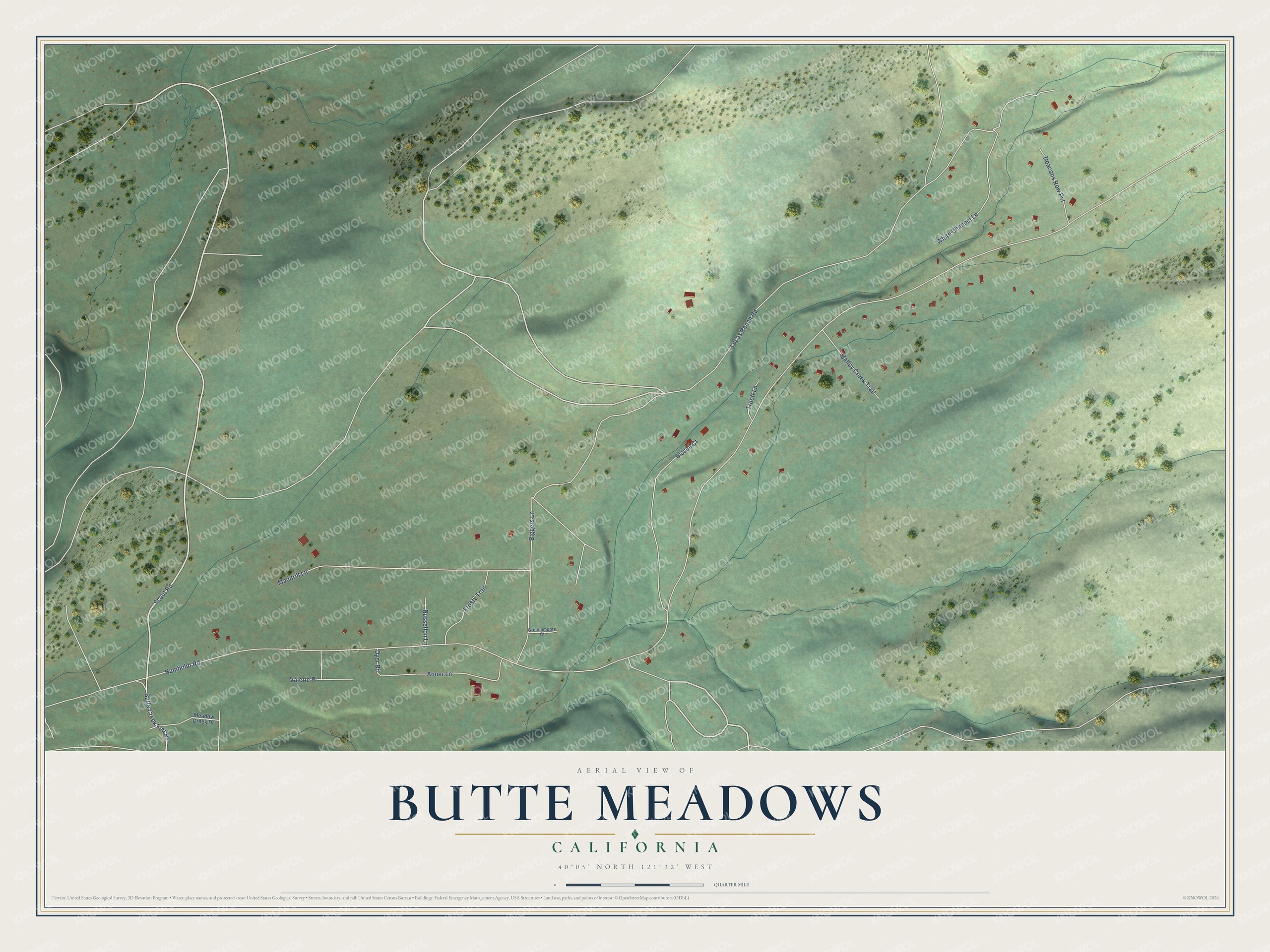 Full map of Butte Meadows, California, with red buildings, printed street names and the land around them