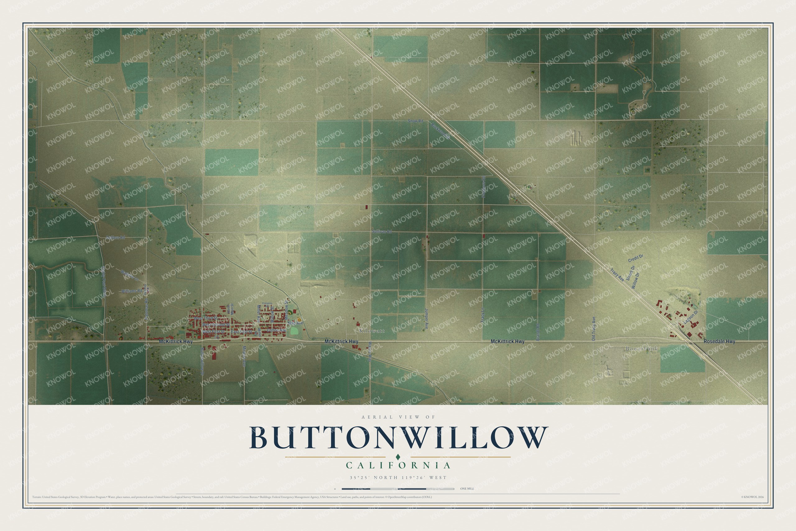 Full map of Buttonwillow, California, with red buildings, printed street names and the land around them
