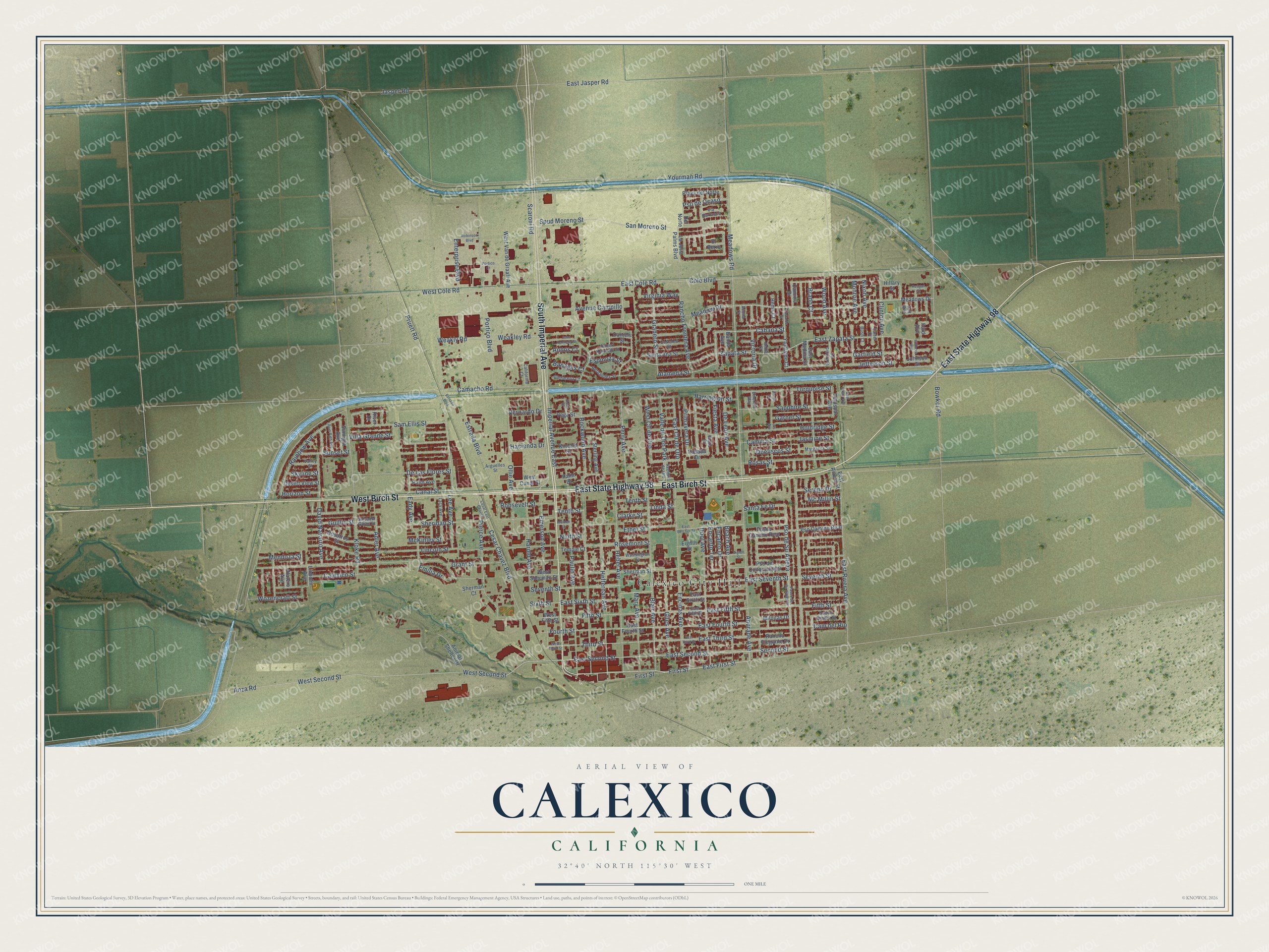 Full map of Calexico, California, with red buildings, printed street names and the land around them
