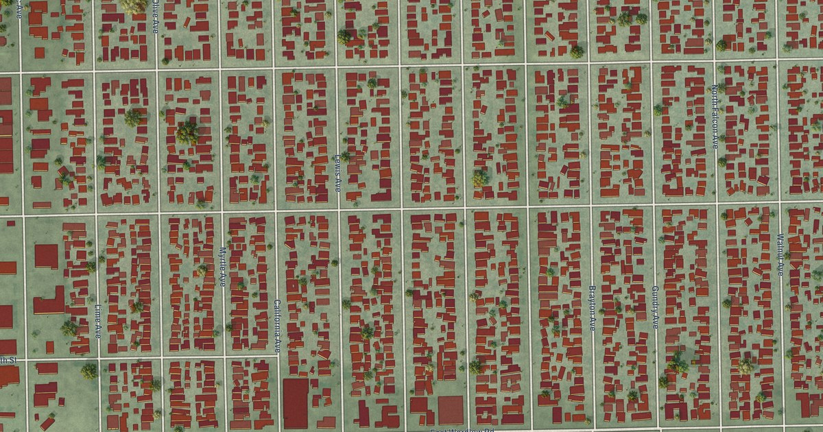 Close-up of streets and buildings in California Heights, California