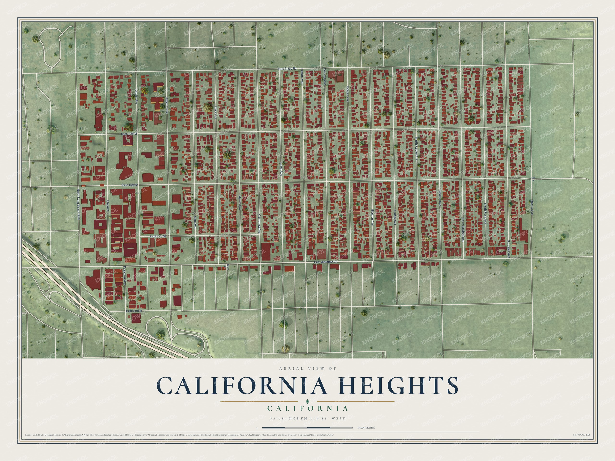 Full map of California Heights, California, with red buildings, printed street names and the land around them