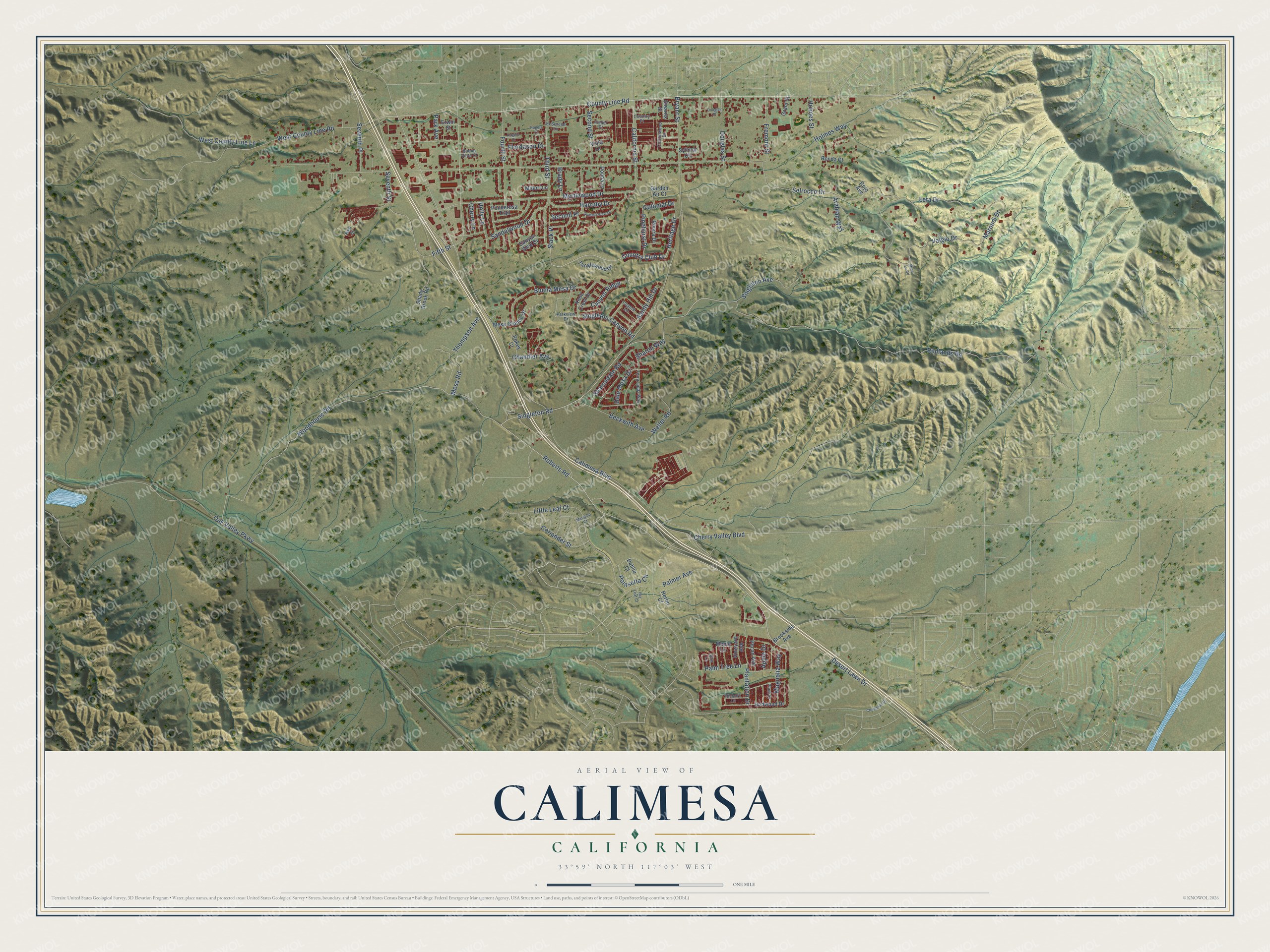 Full map of Calimesa, California, with red buildings, printed street names and the land around them