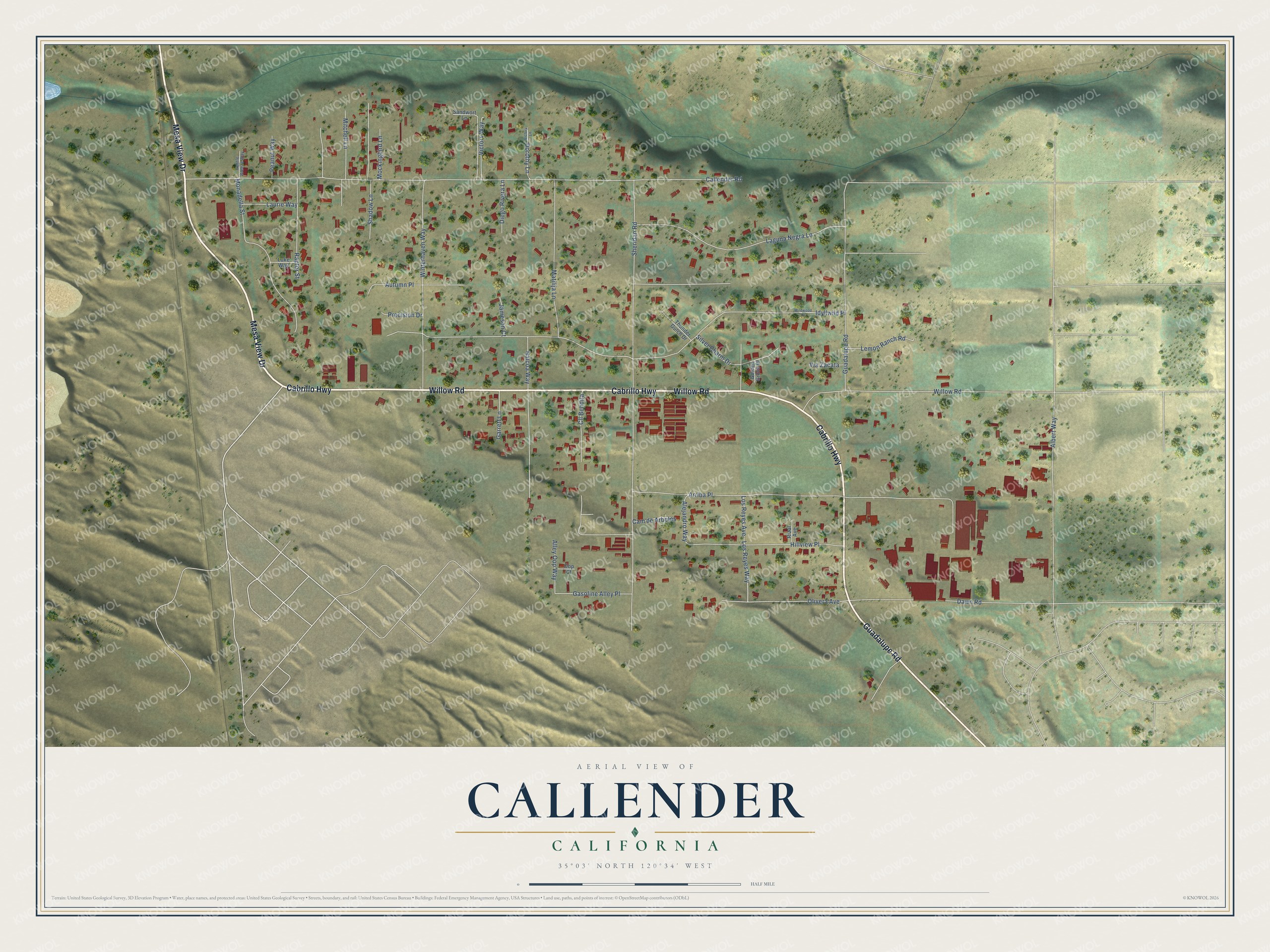 Full map of Callender, California, with red buildings, printed street names and the land around them