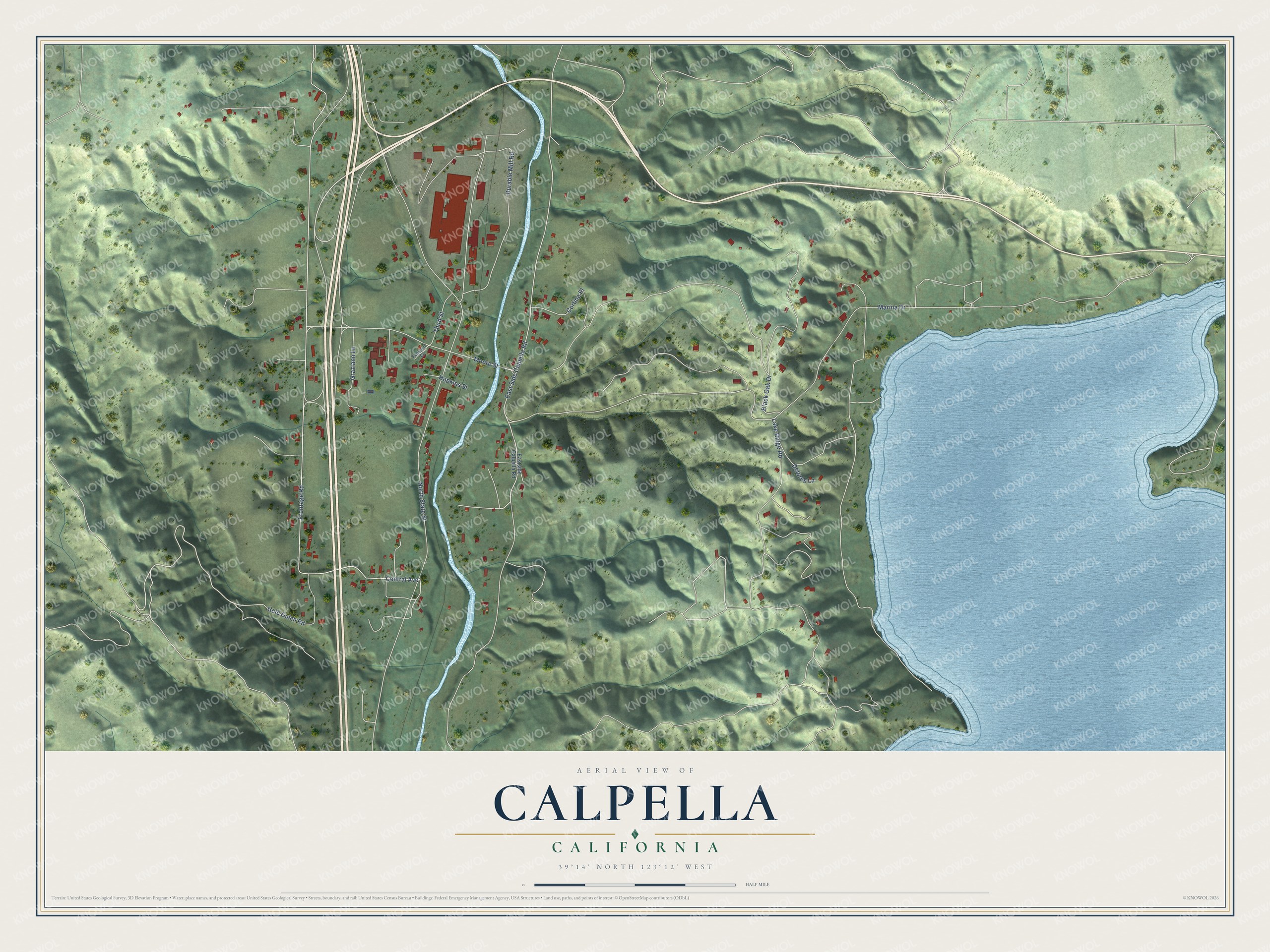 Full map of Calpella, California, with red buildings, printed street names and the land around them