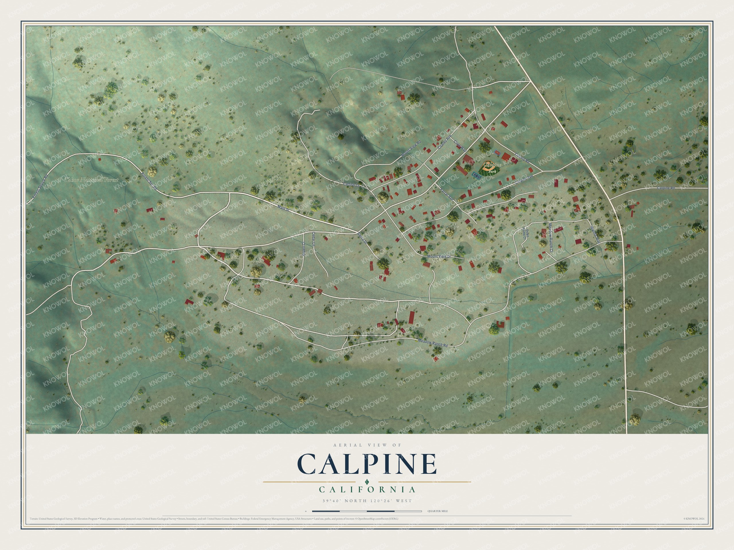 Full map of Calpine, California, with red buildings, printed street names and the land around them