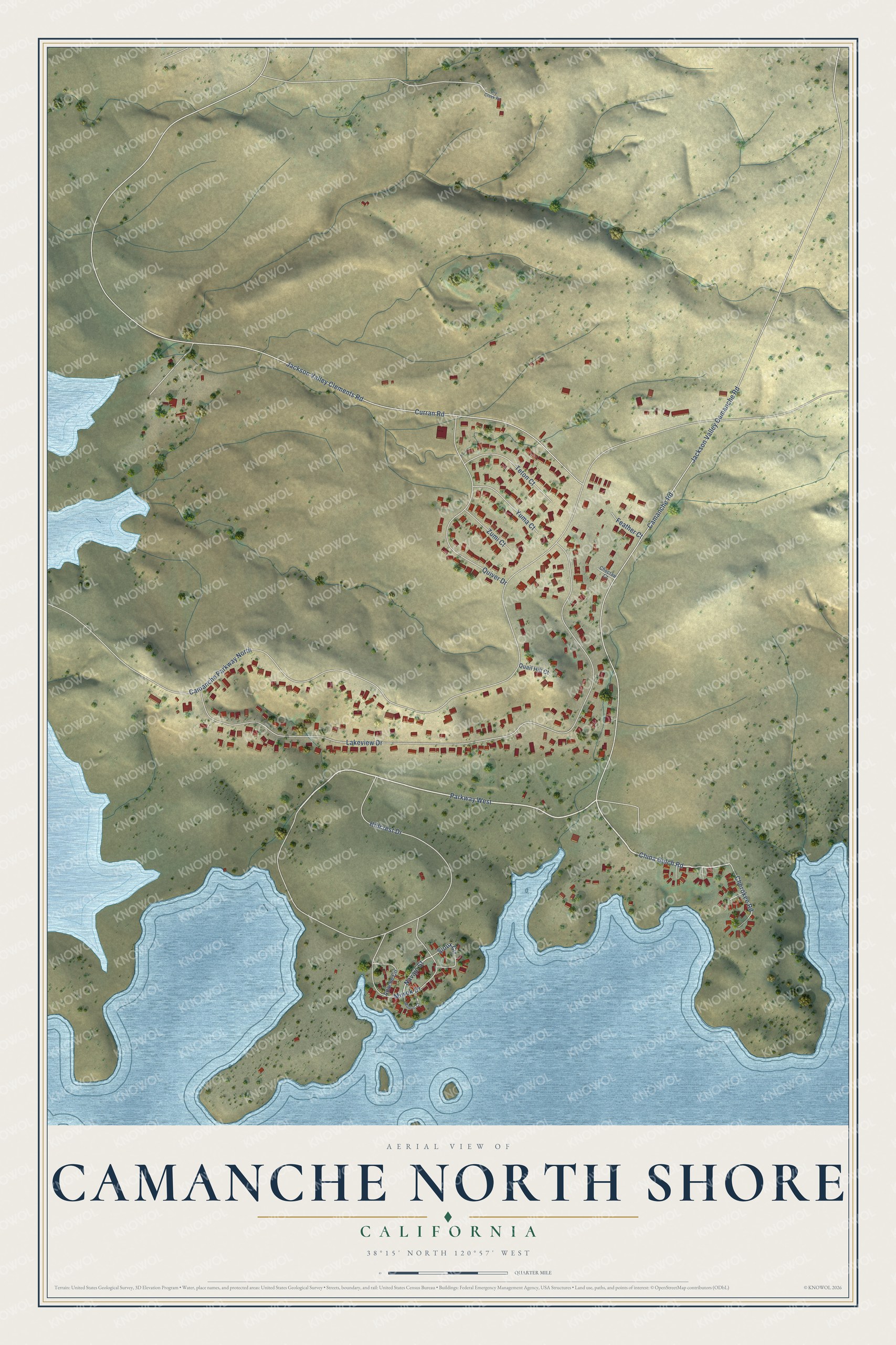 Full map of Camanche North Shore, California, with red buildings, printed street names and the land around them