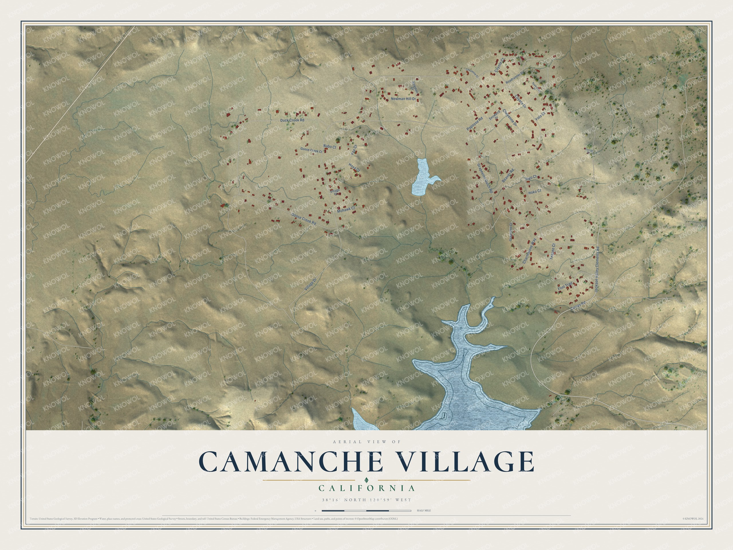 Full map of Camanche Village, California, with red buildings, printed street names and the land around them