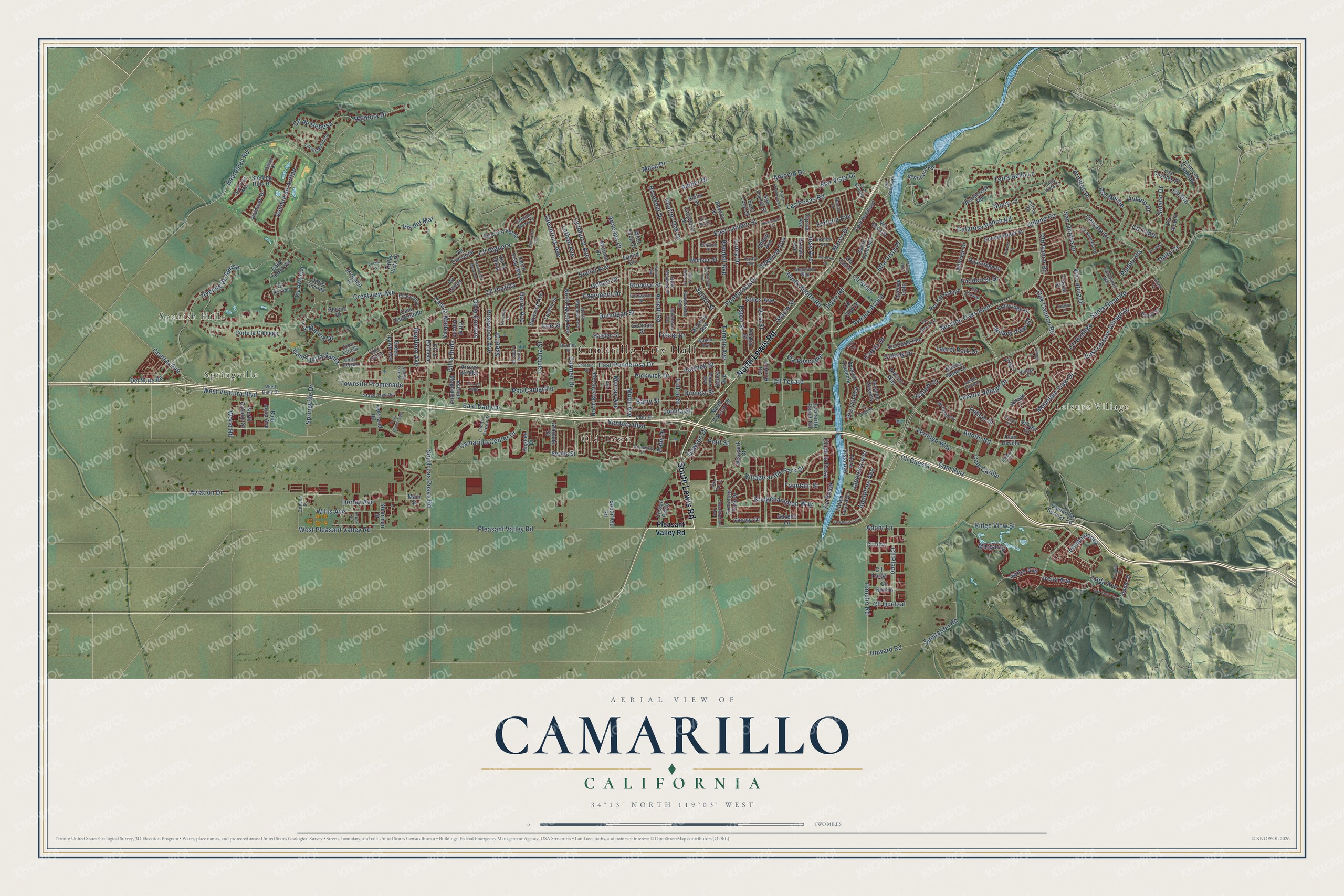 Full map of Camarillo, California, with red buildings, printed street names and the land around them