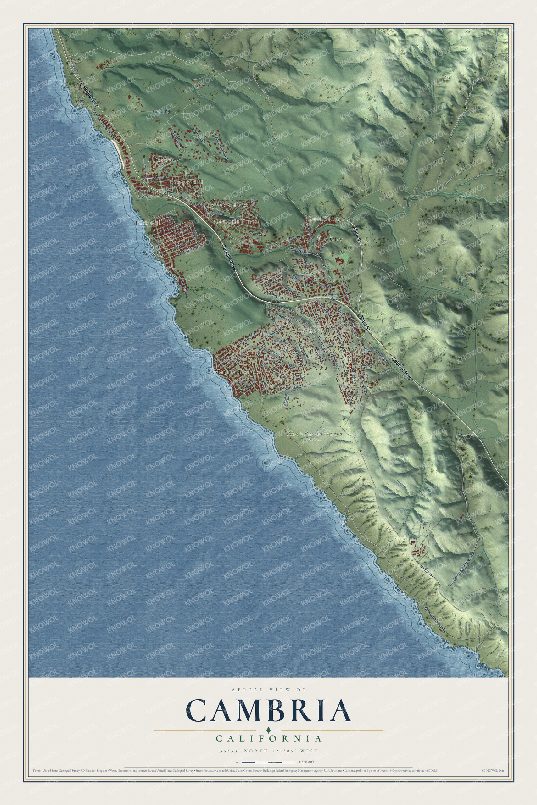 Full map of Cambria, California, with red buildings, printed street names and the land around them