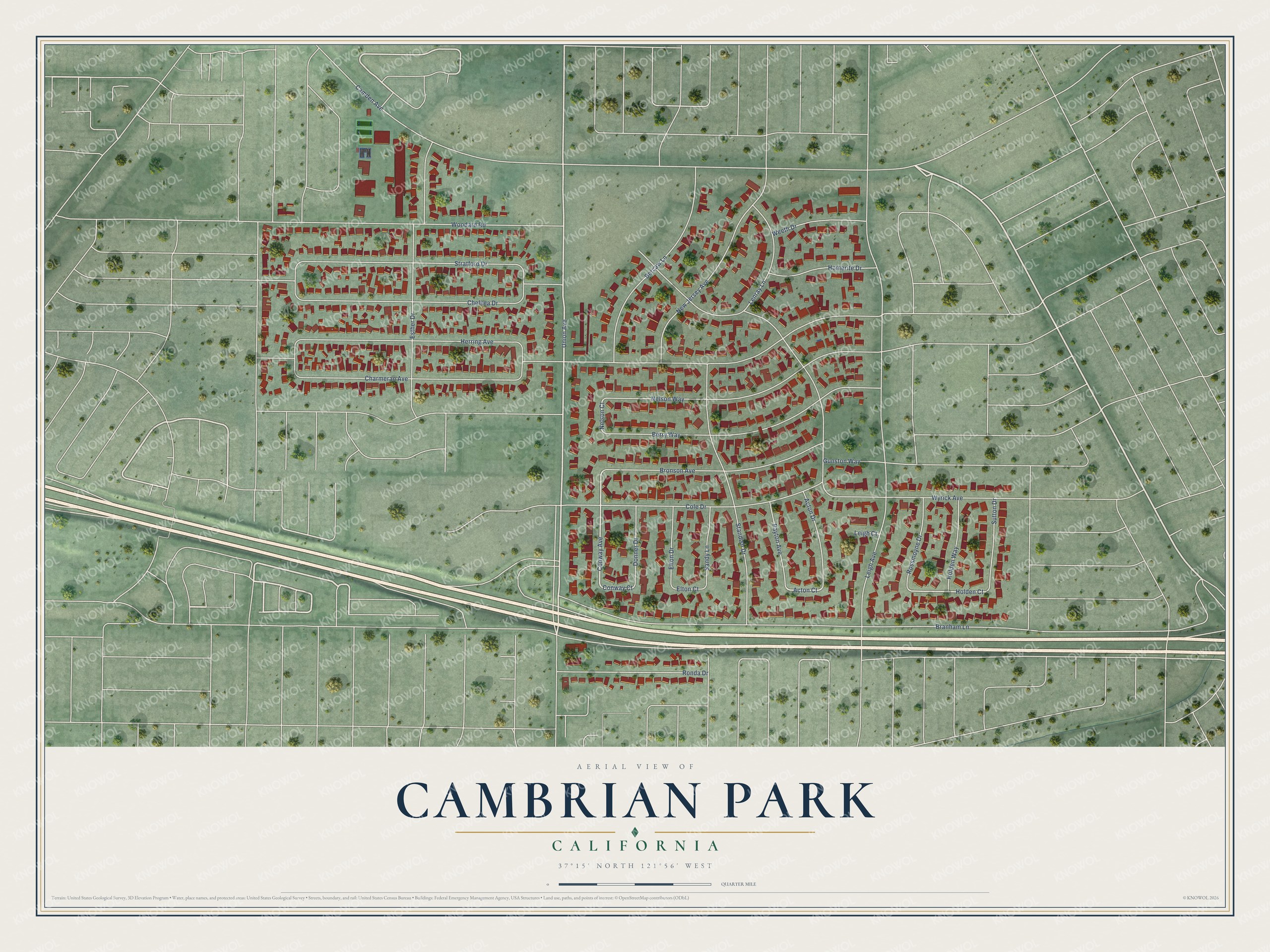 Full map of Cambrian Park, California, with red buildings, printed street names and the land around them