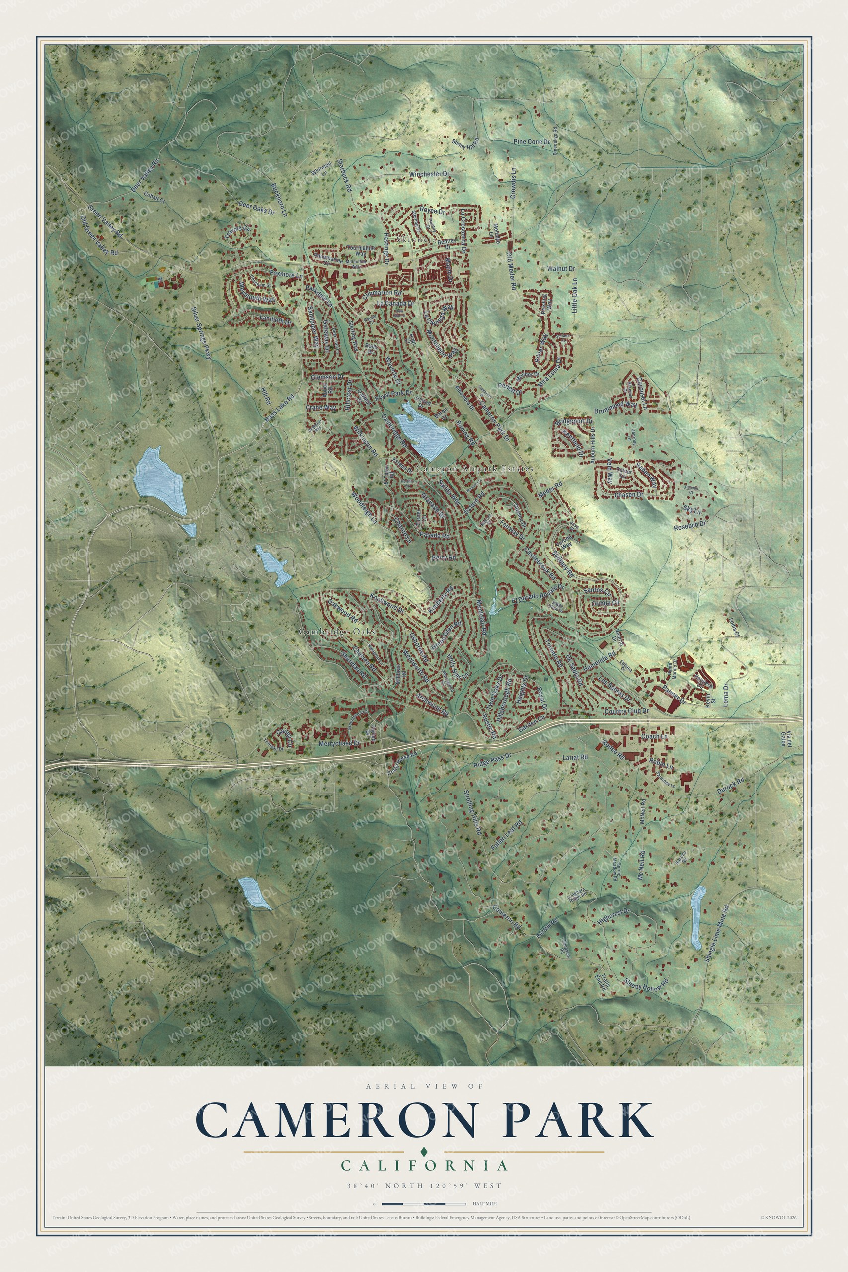 Full map of Cameron Park, California, with red buildings, printed street names and the land around them