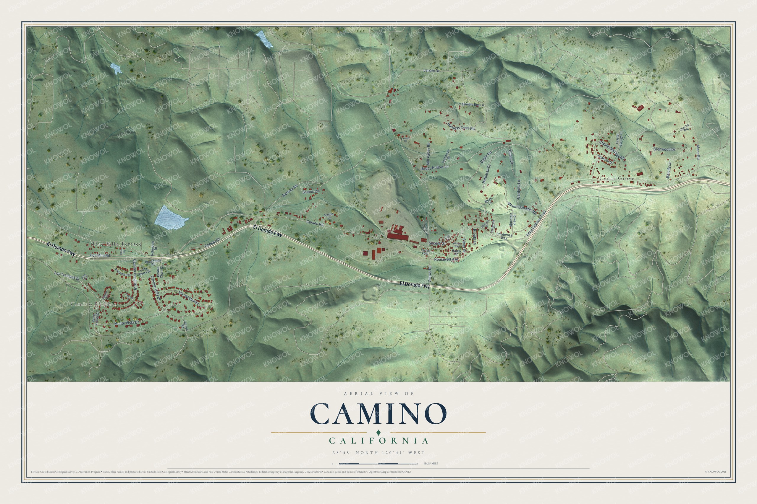 Full map of Camino, California, with red buildings, printed street names and the land around them