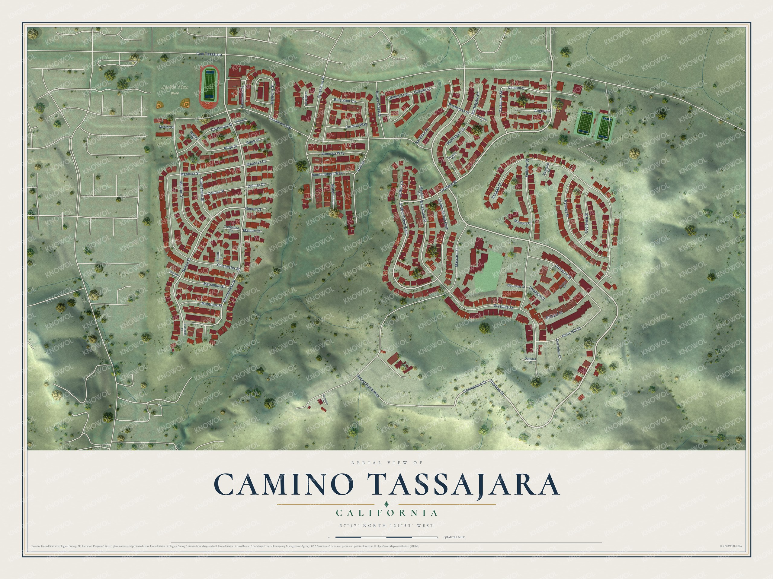 Full map of Camino Tassajara, California, with red buildings, printed street names and the land around them