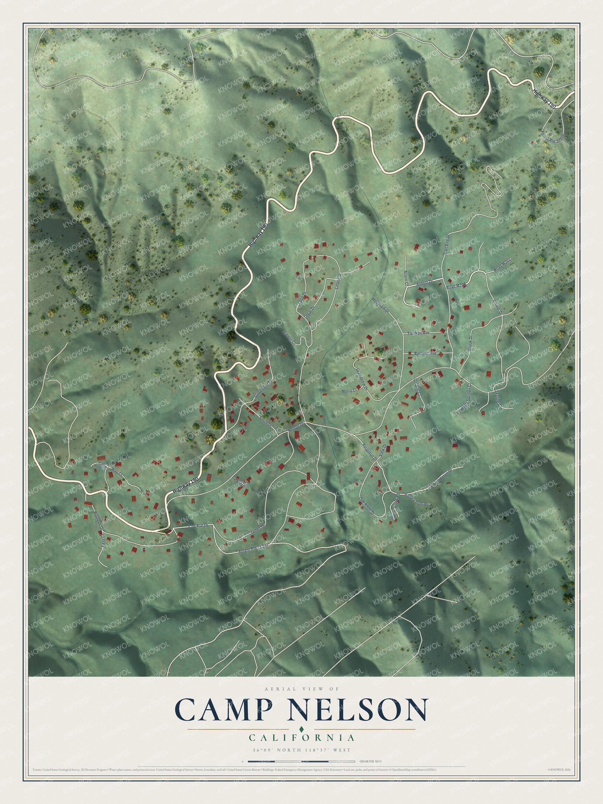 Full map of Camp Nelson, California, with red buildings, printed street names and the land around them