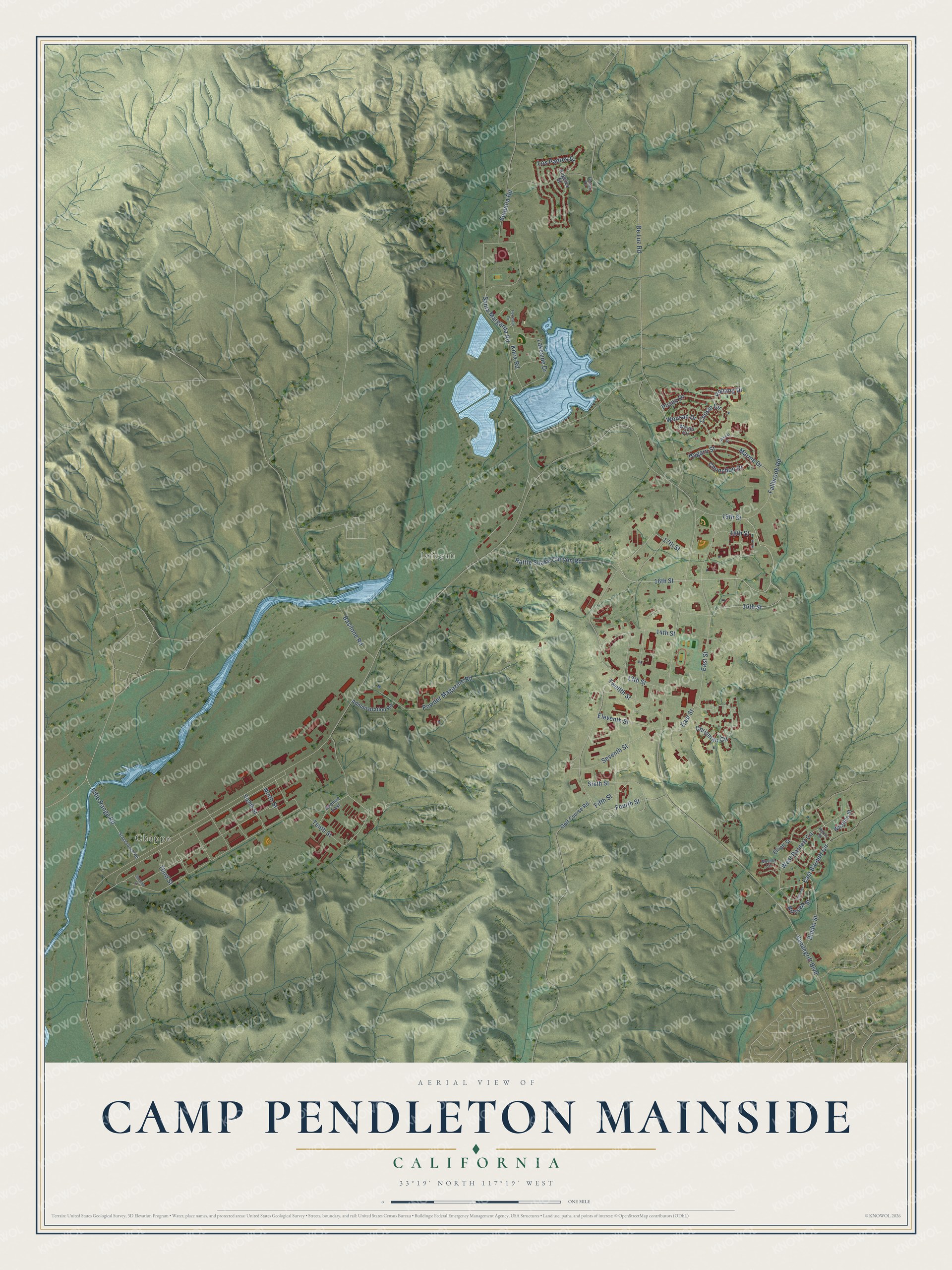 Full map of Camp Pendleton Mainside, California, with red buildings, printed street names and the land around them