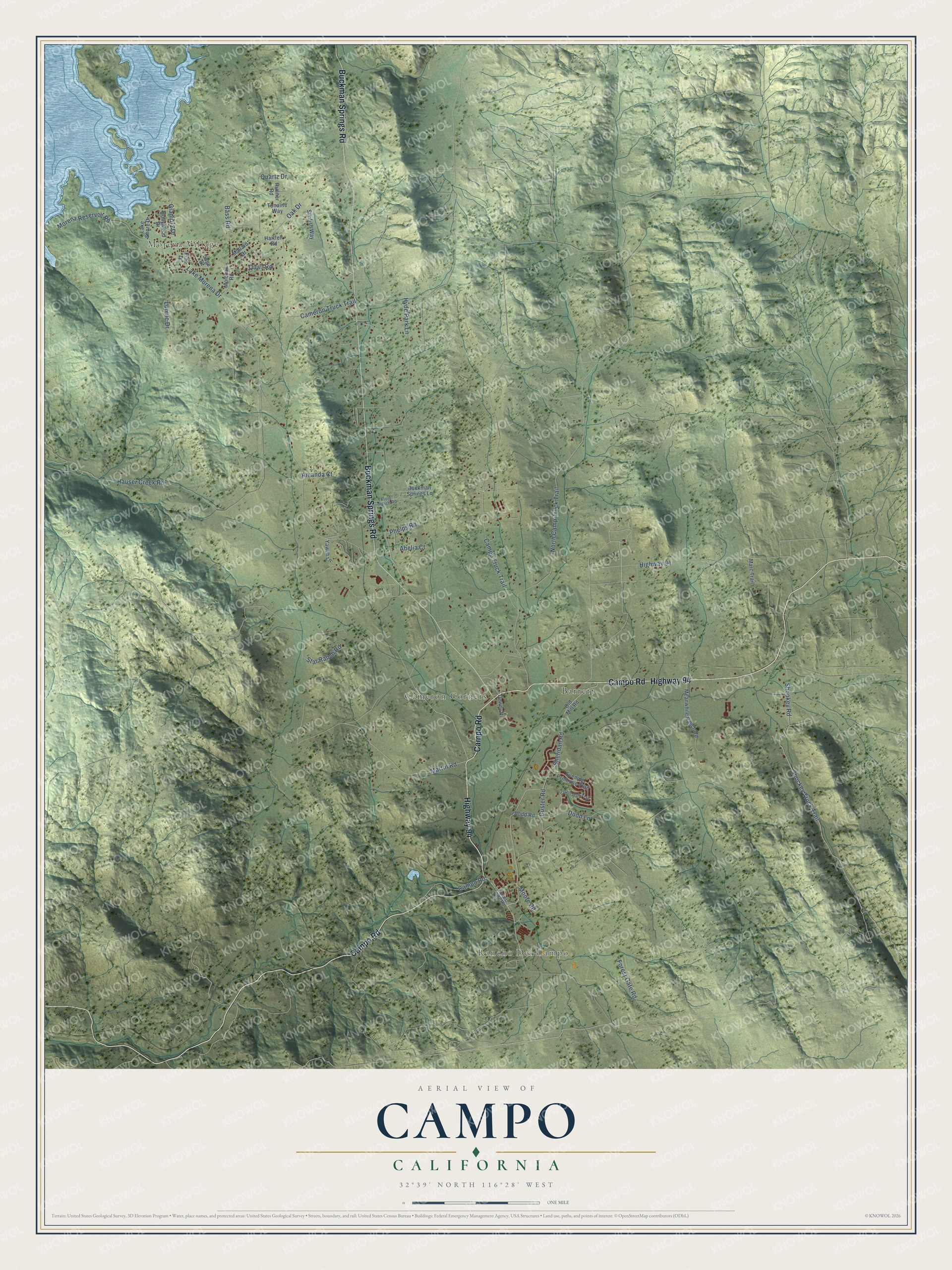 Full map of Campo, California, with red buildings, printed street names and the land around them