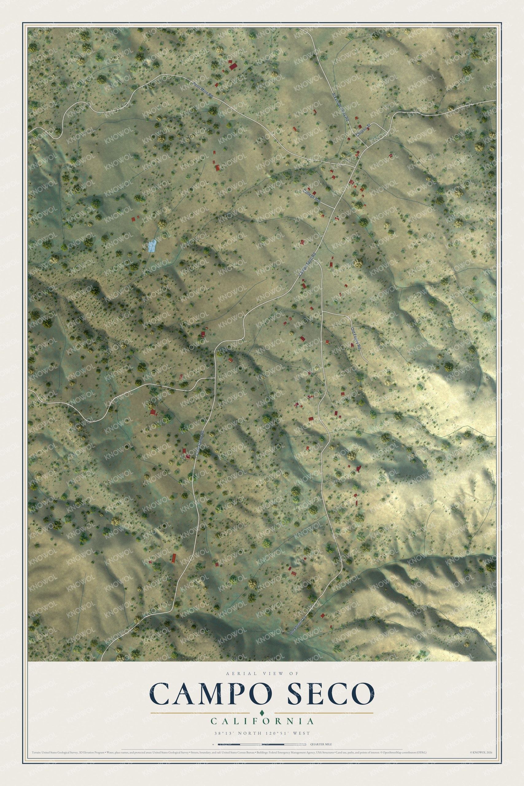 Full map of Campo Seco, California, with red buildings, printed street names and the land around them