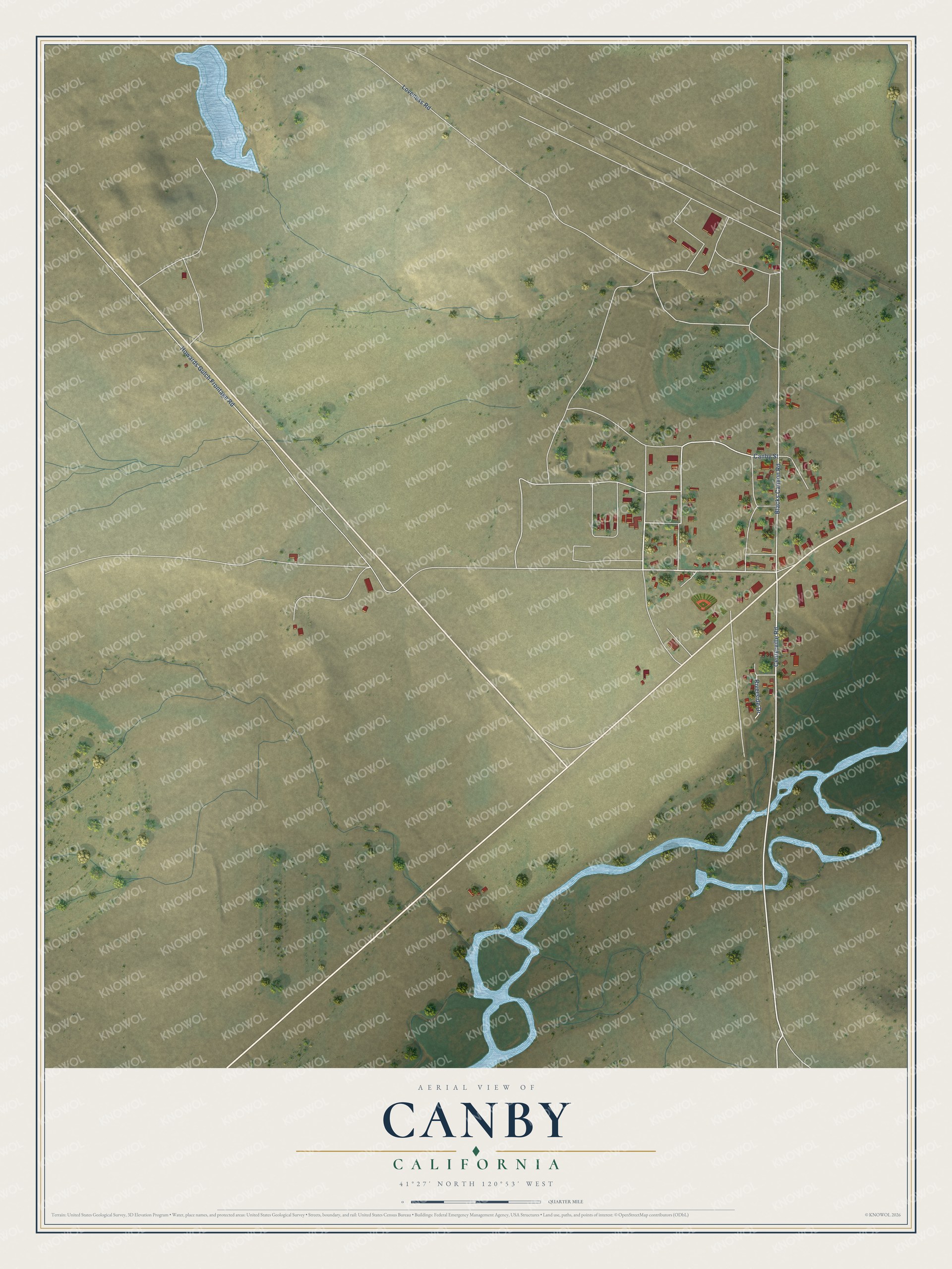 Full map of Canby, California, with red buildings, printed street names and the land around them