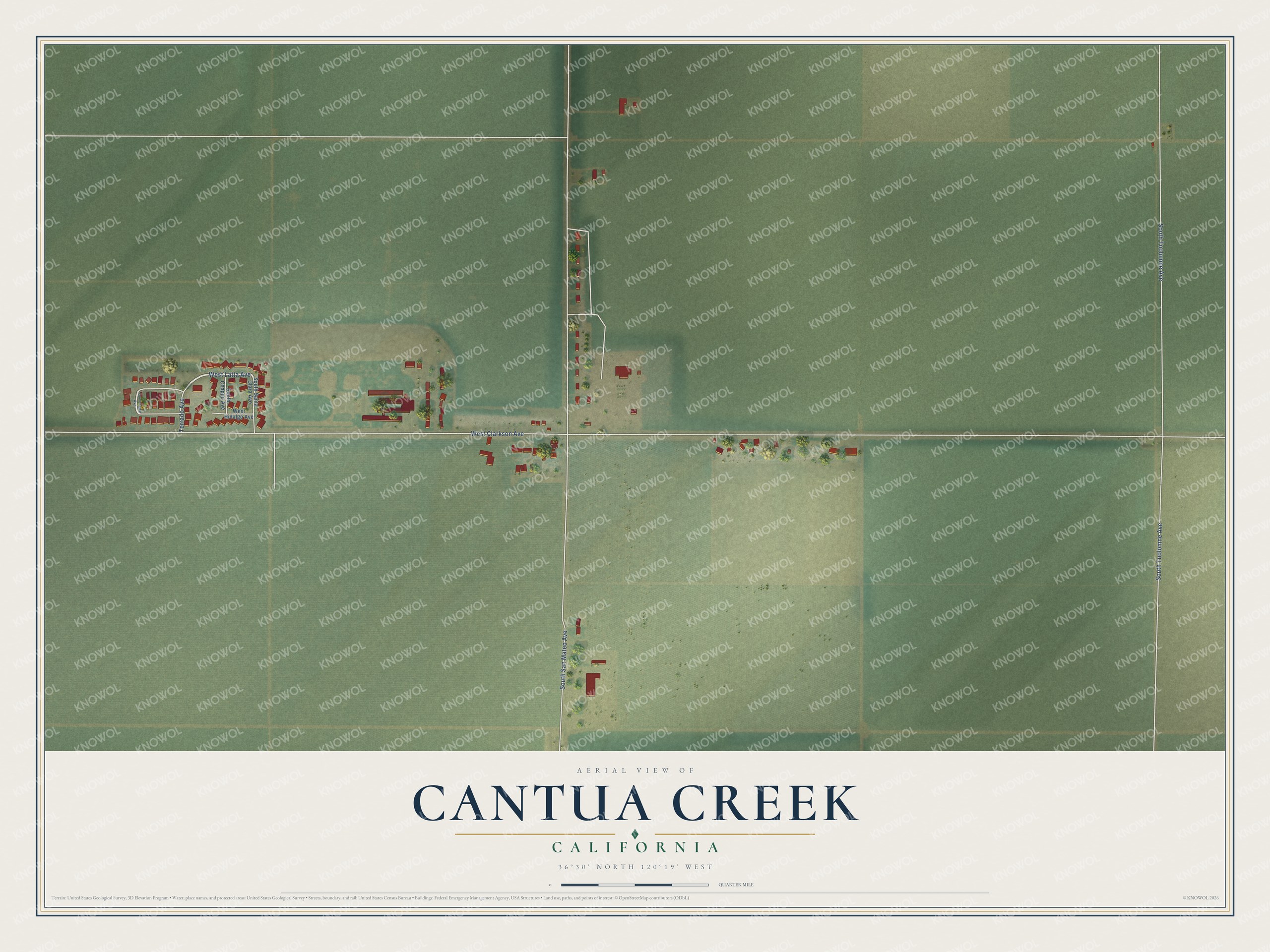 Full map of Cantua Creek, California, with red buildings, printed street names and the land around them