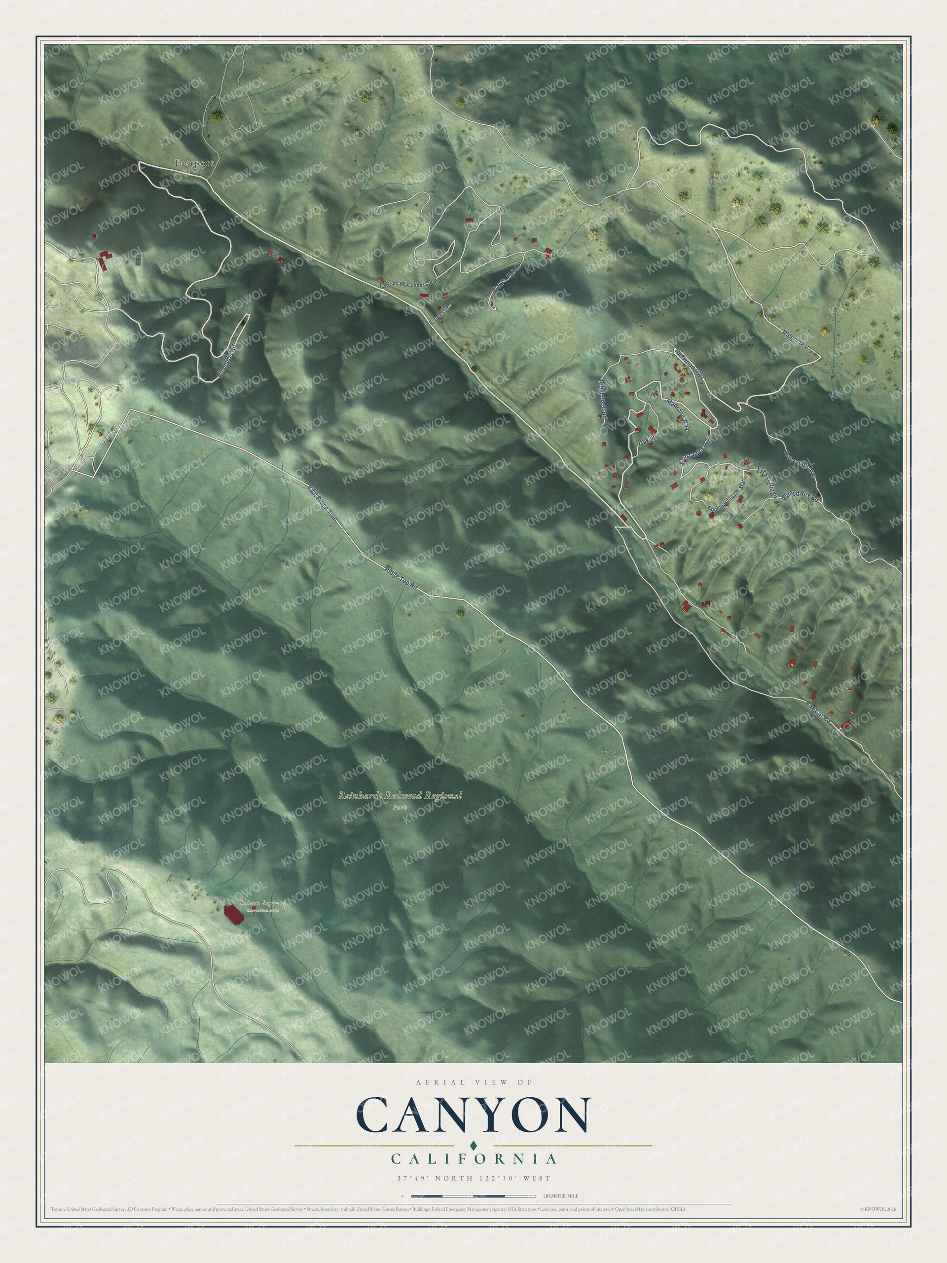 Full map of Canyon, California, with red buildings, printed street names and the land around them