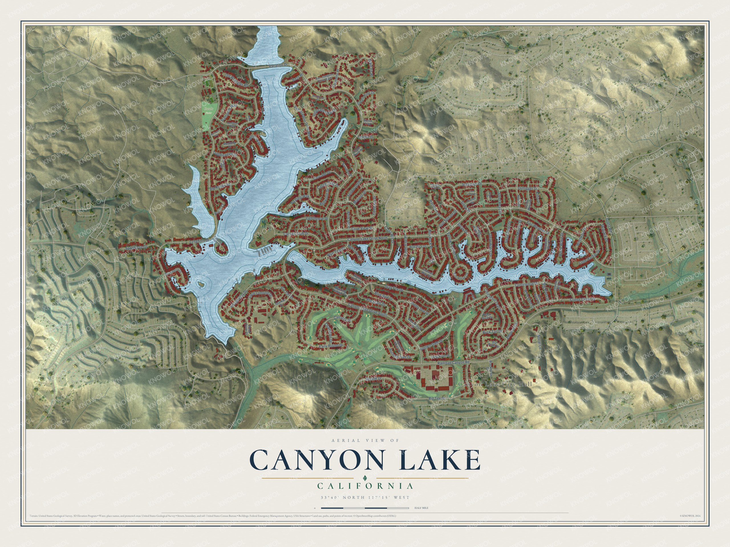 Full map of Canyon Lake, California, with red buildings, printed street names and the land around them