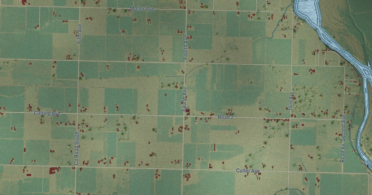Close-up of streets and buildings in Capay, California