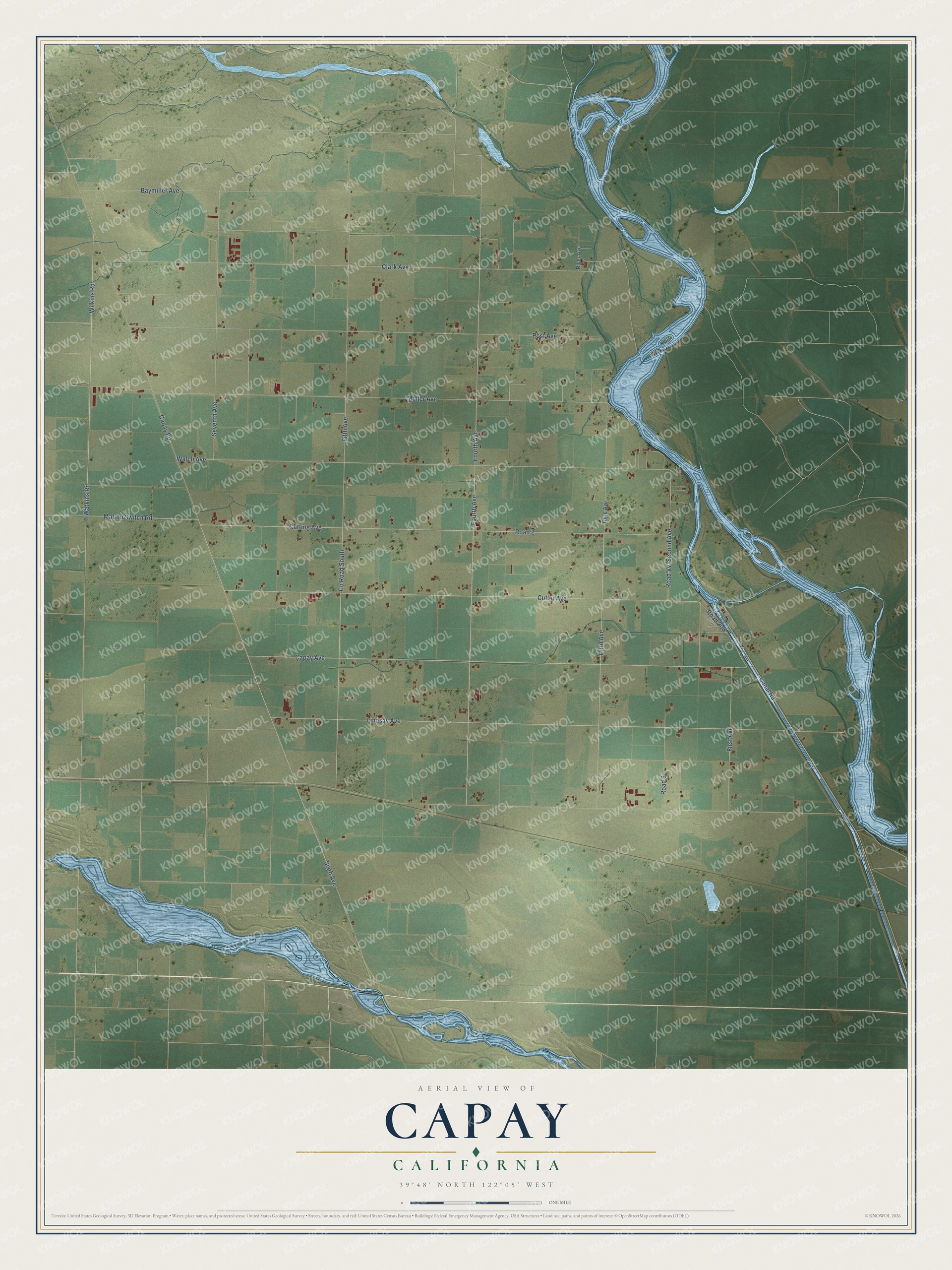 Full map of Capay, California, with red buildings, printed street names and the land around them