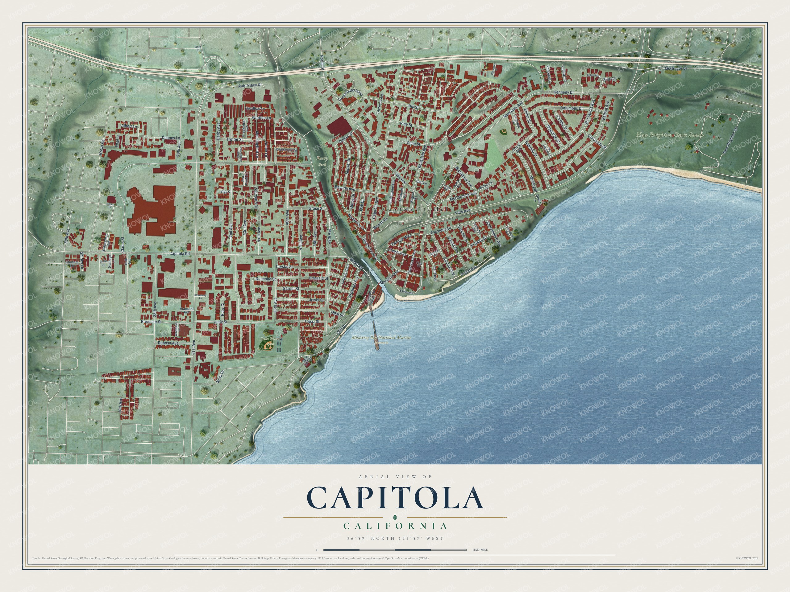 Full map of Capitola, California, with red buildings, printed street names and the land around them