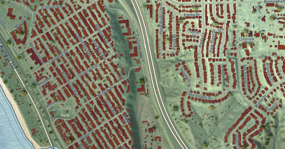 Close-up of streets and buildings in Cardiff-by-the-Sea, California
