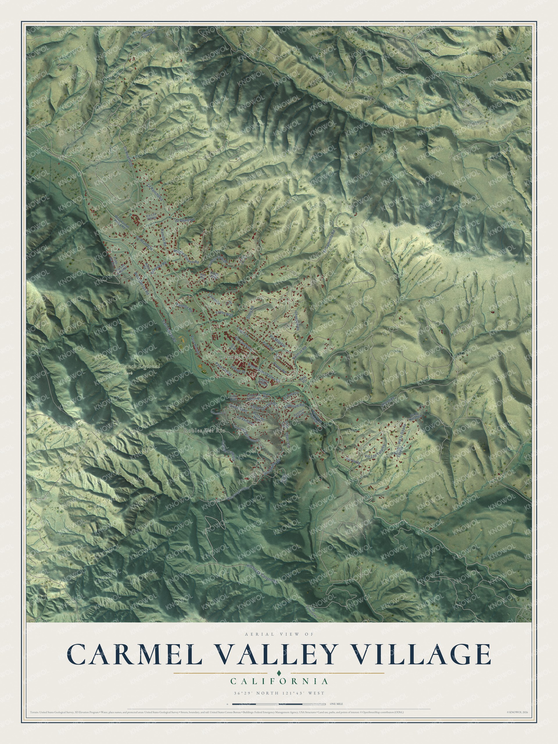 Full map of Carmel Valley Village, California, with red buildings, printed street names and the land around them