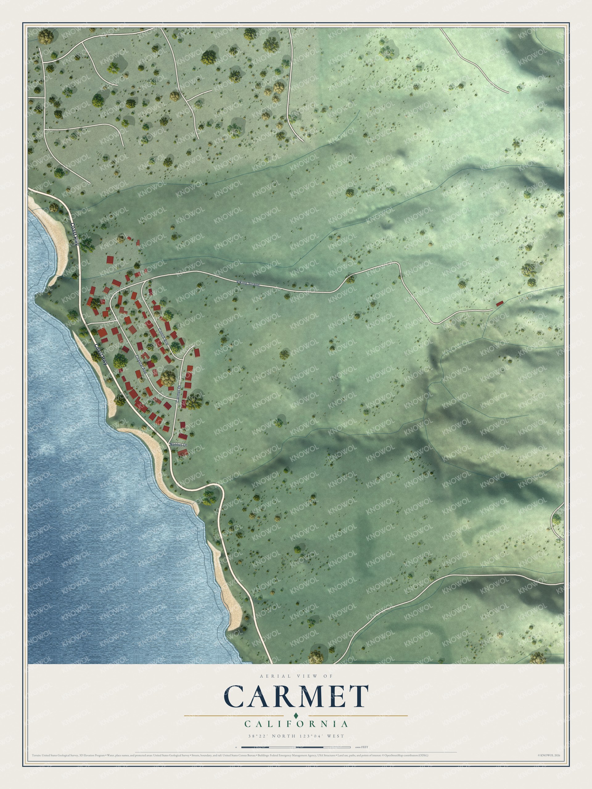 Full map of Carmet, California, with red buildings, printed street names and the land around them
