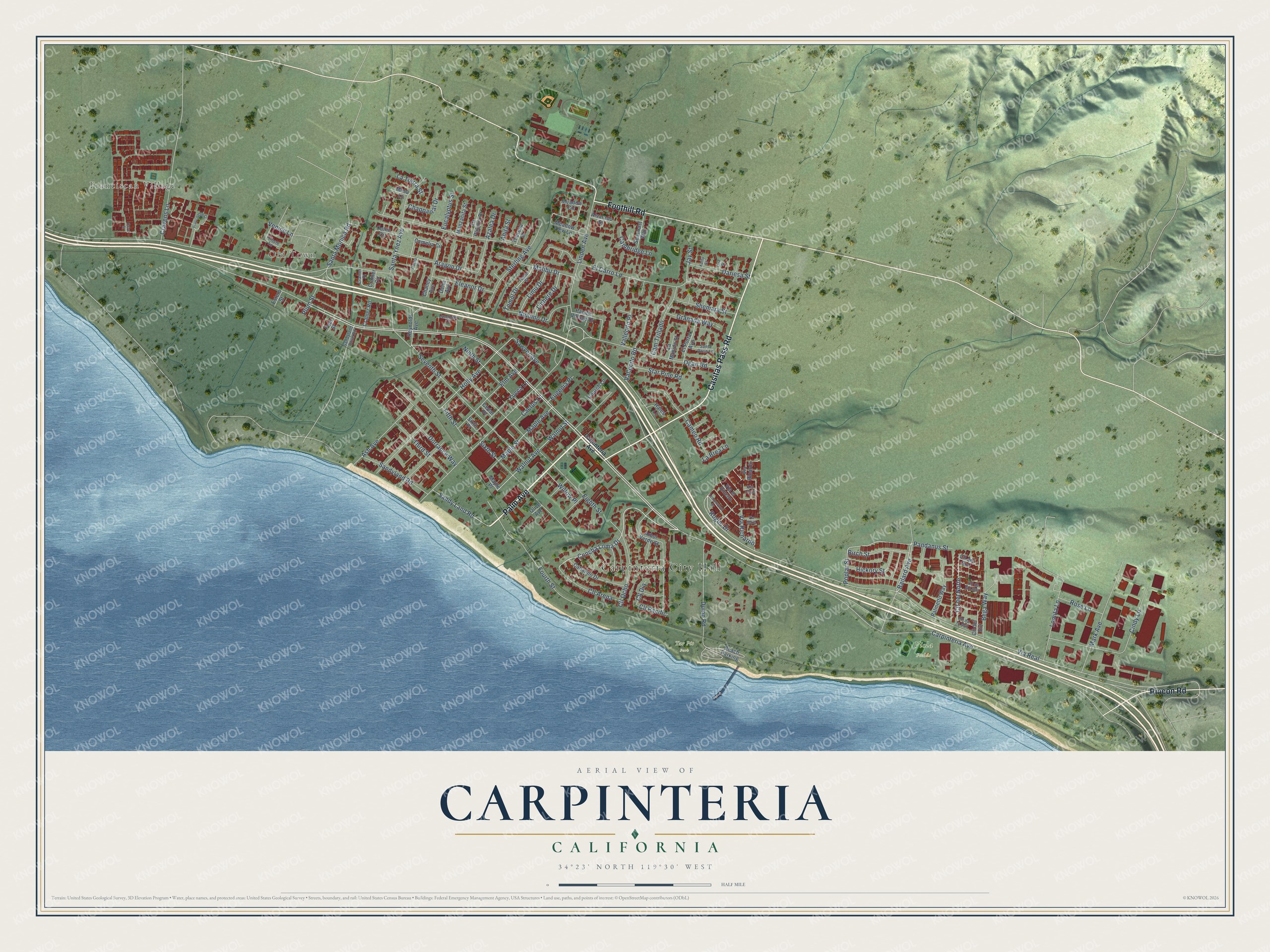 Full map of Carpinteria, California, with red buildings, printed street names and the land around them