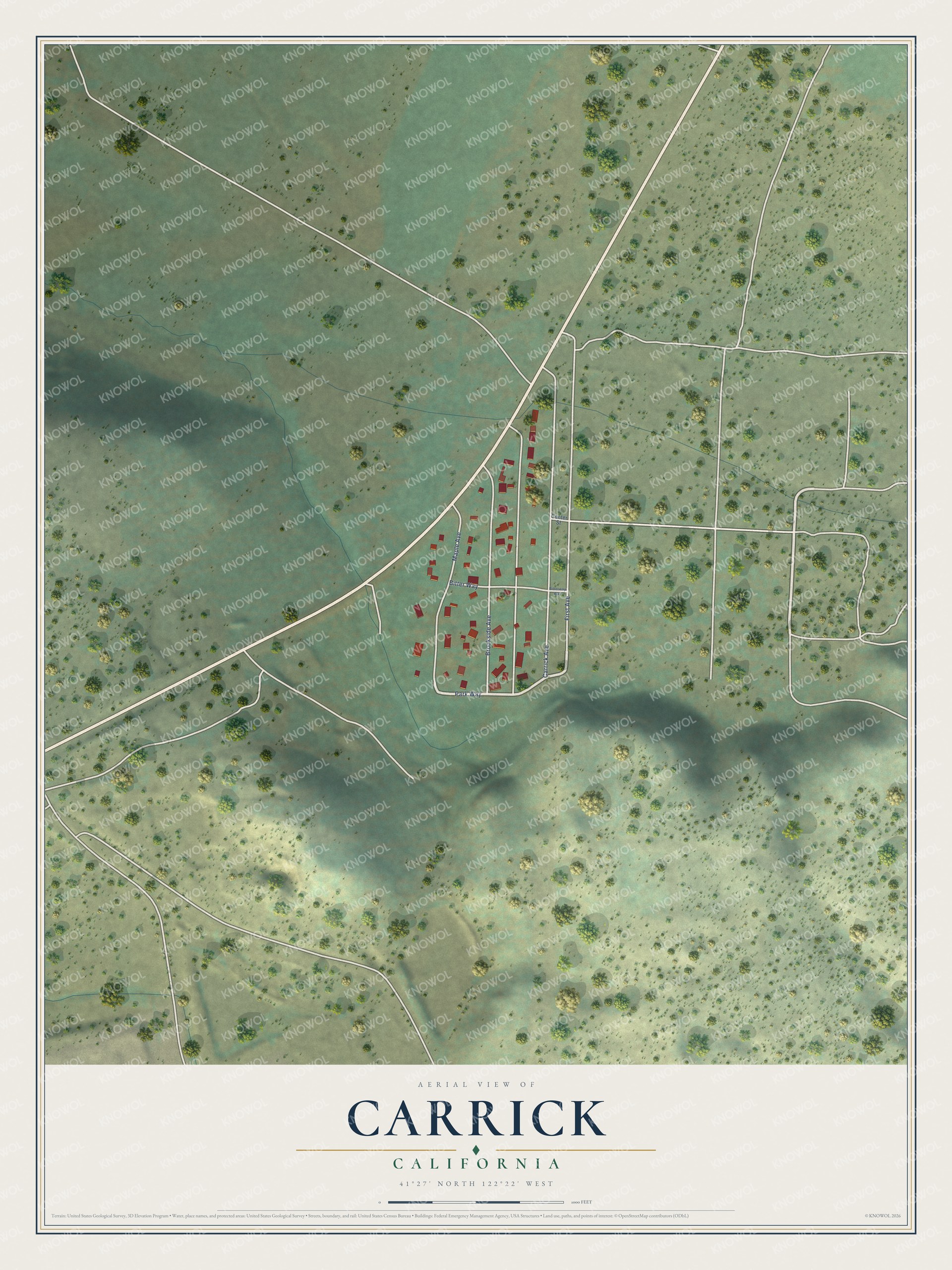 Full map of Carrick, California, with red buildings, printed street names and the land around them
