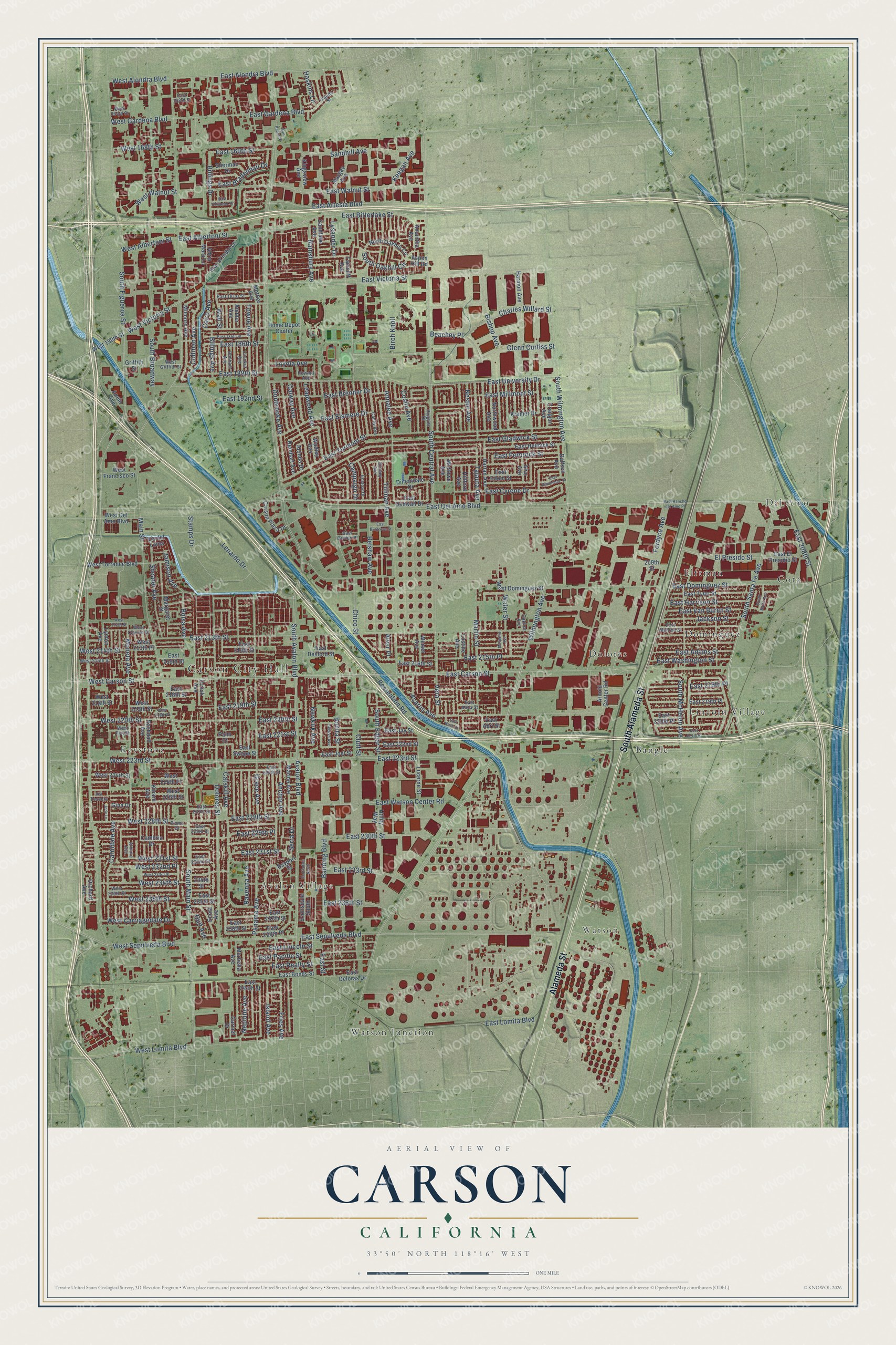 Full map of Carson, California, with red buildings, printed street names and the land around them