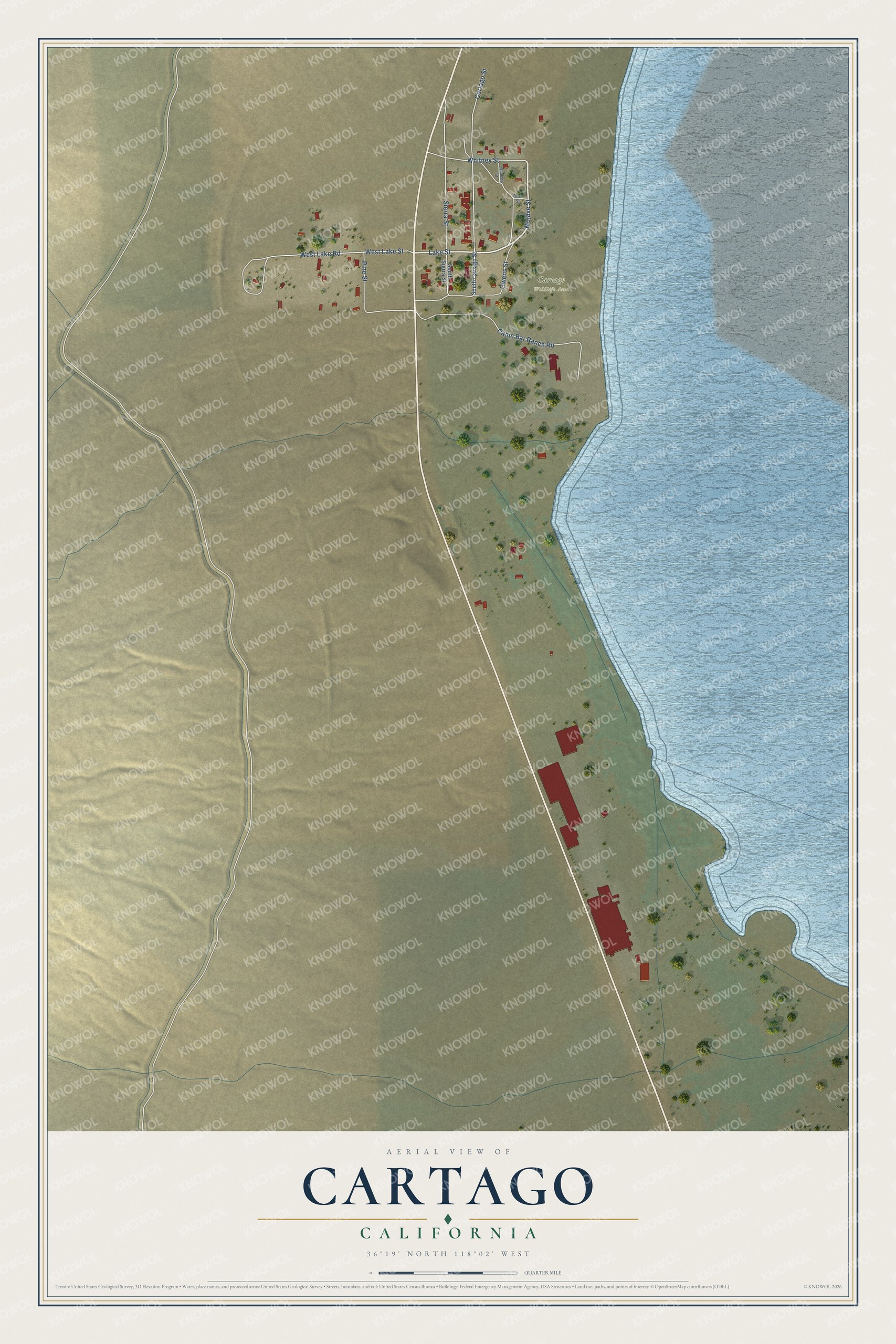 Full map of Cartago, California, with red buildings, printed street names and the land around them