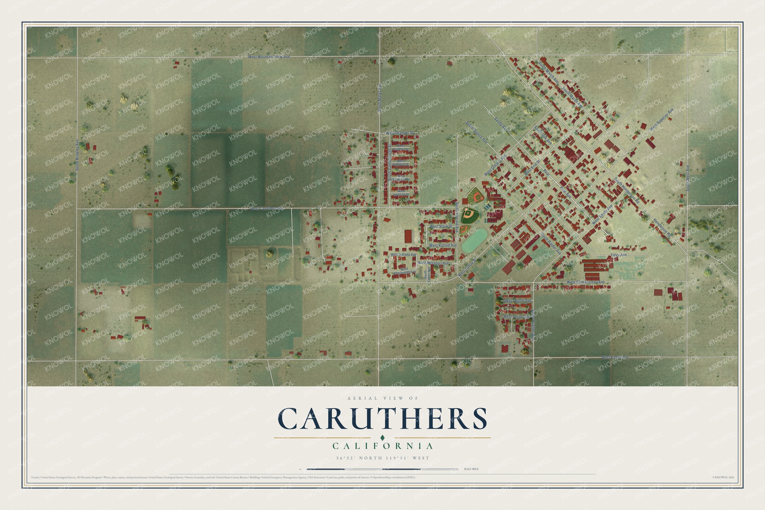 Full map of Caruthers, California, with red buildings, printed street names and the land around them