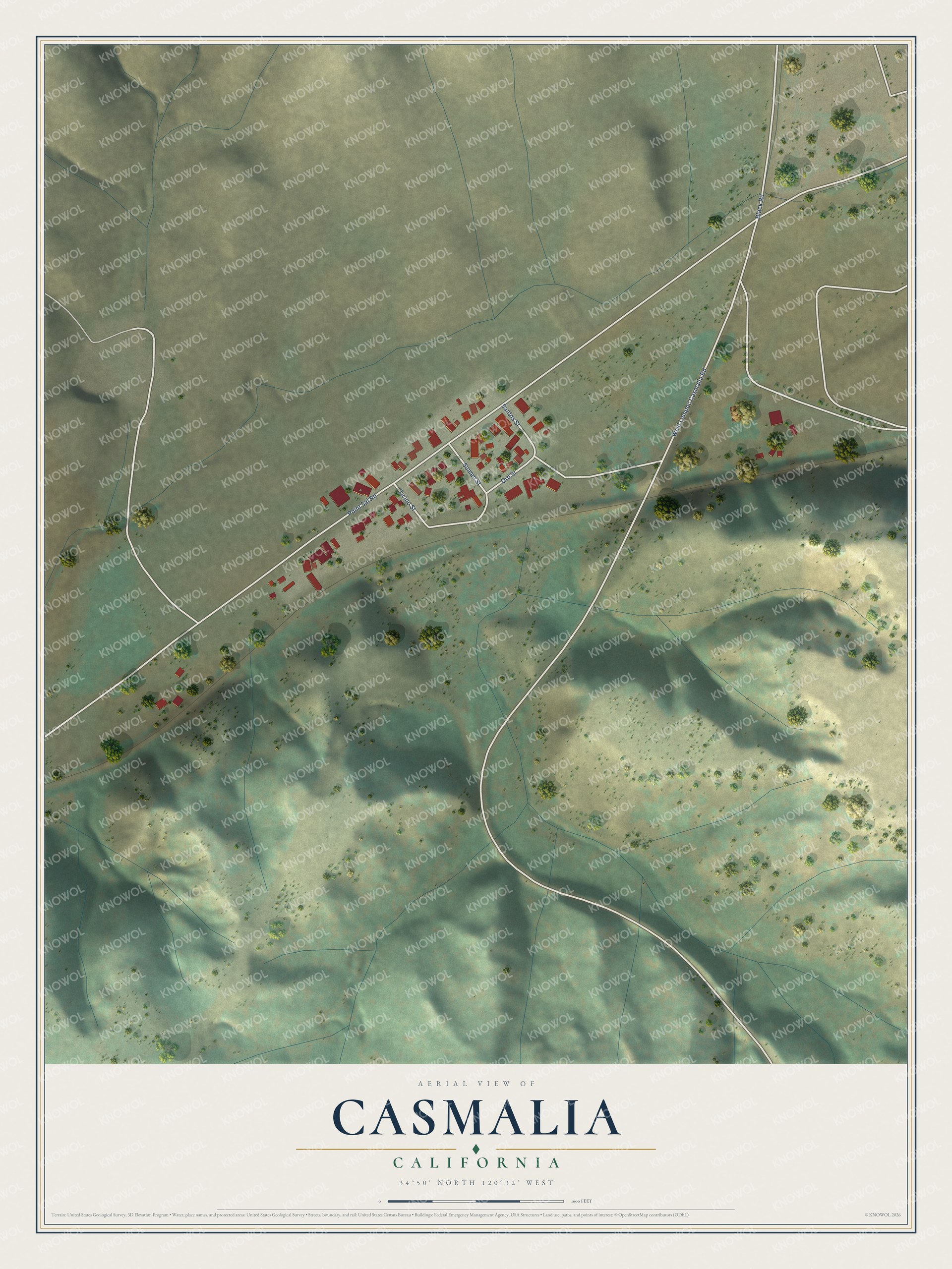 Full map of Casmalia, California, with red buildings, printed street names and the land around them