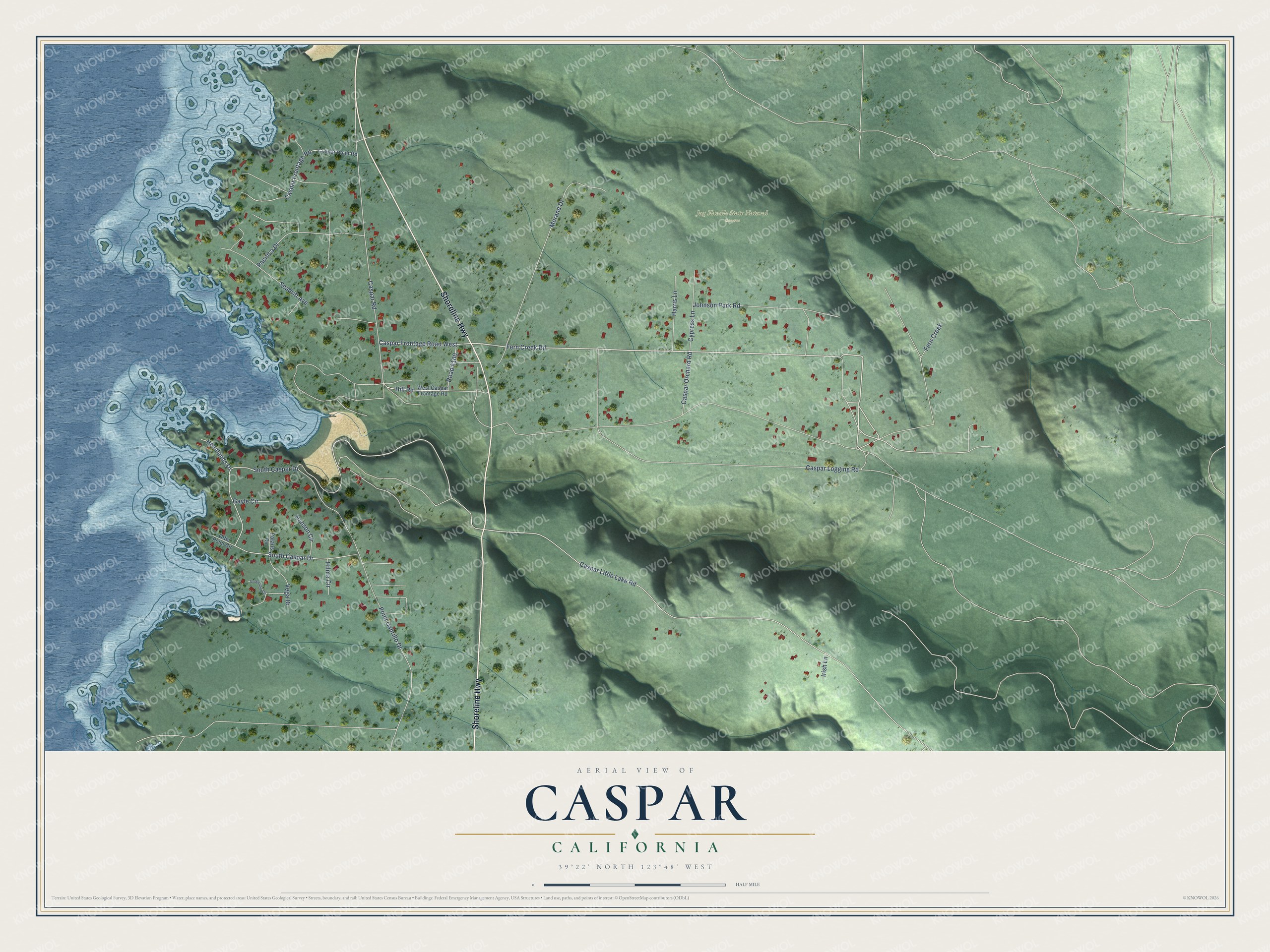 Full map of Caspar, California, with red buildings, printed street names and the land around them