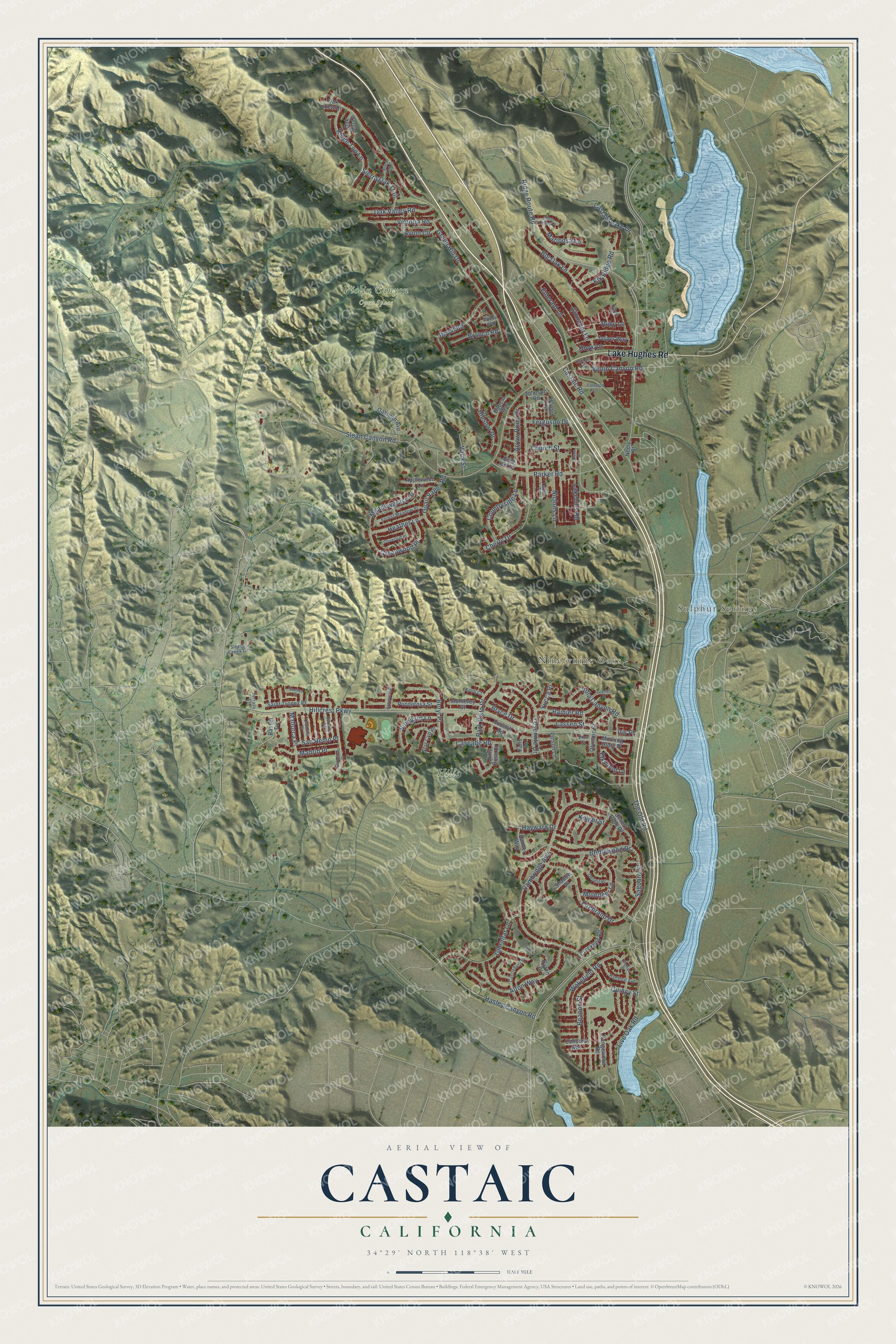 Full map of Castaic, California, with red buildings, printed street names and the land around them