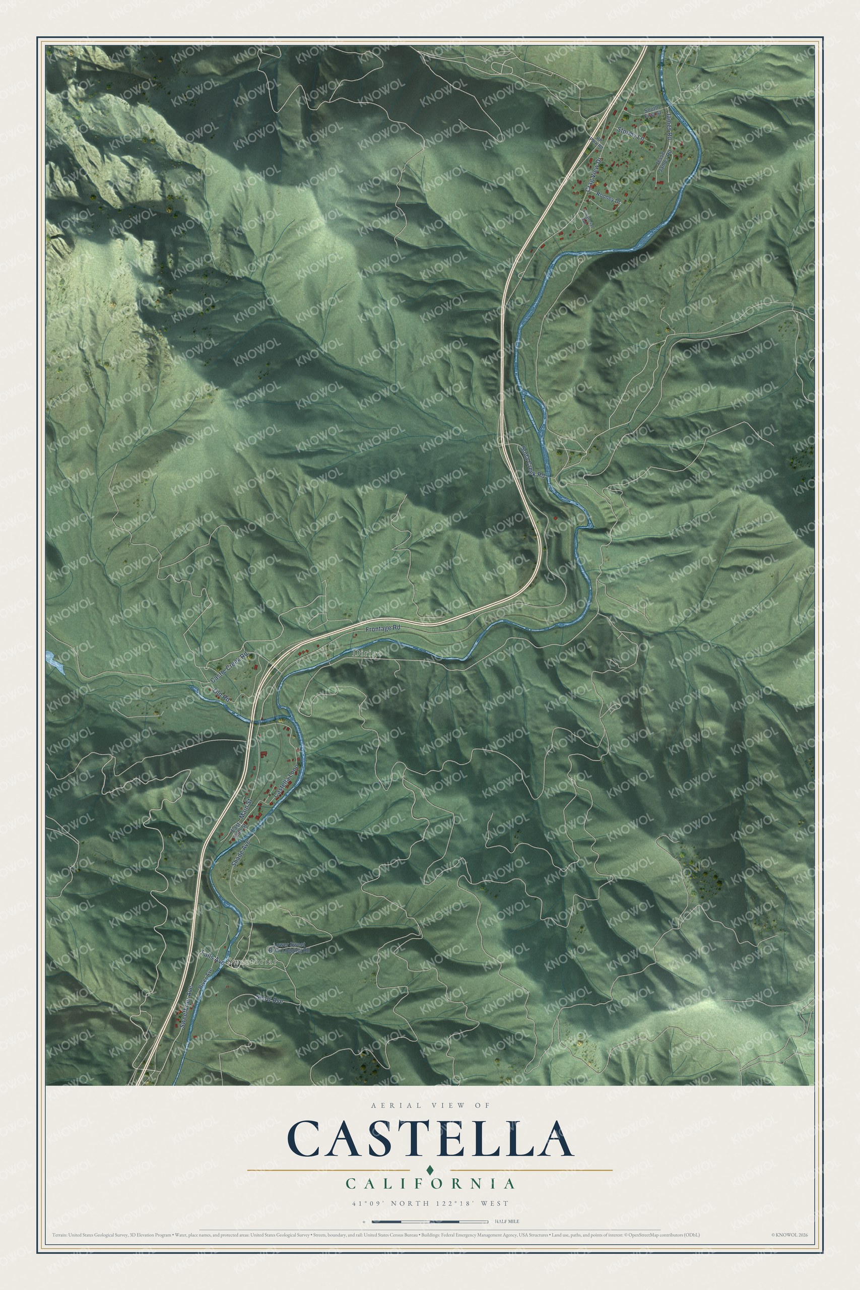 Full map of Castella, California, with red buildings, printed street names and the land around them